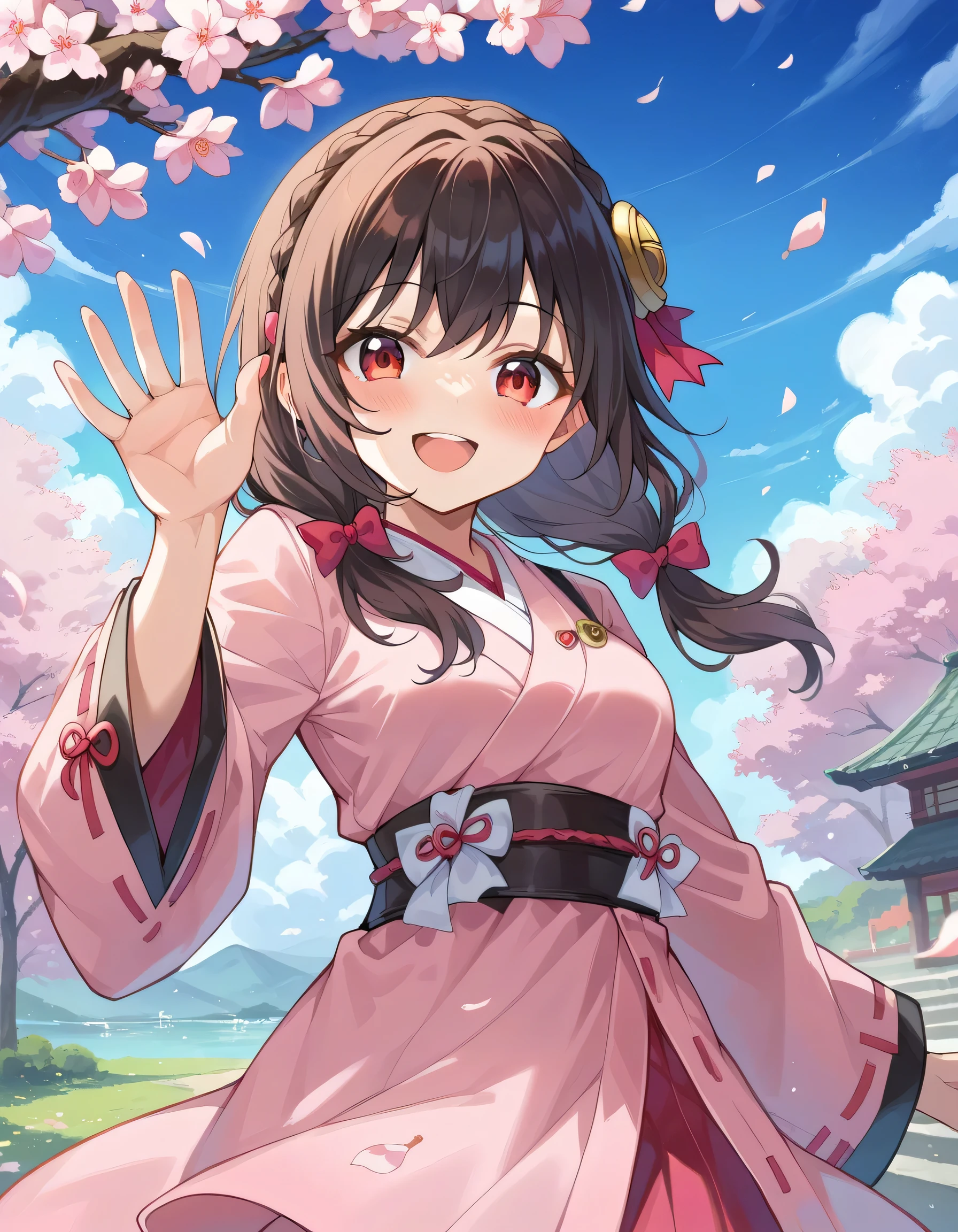 high image quality,high quality of wavy lines、 
Yunyun、 (One person)、black hair, hair accessory, red eyes,  pink kimono、See viewer、(blush:1.2),Waving gesture、blue sky、cherry blossoms、happy smile、opens her mouth and laughs、shows his teeth and laughs