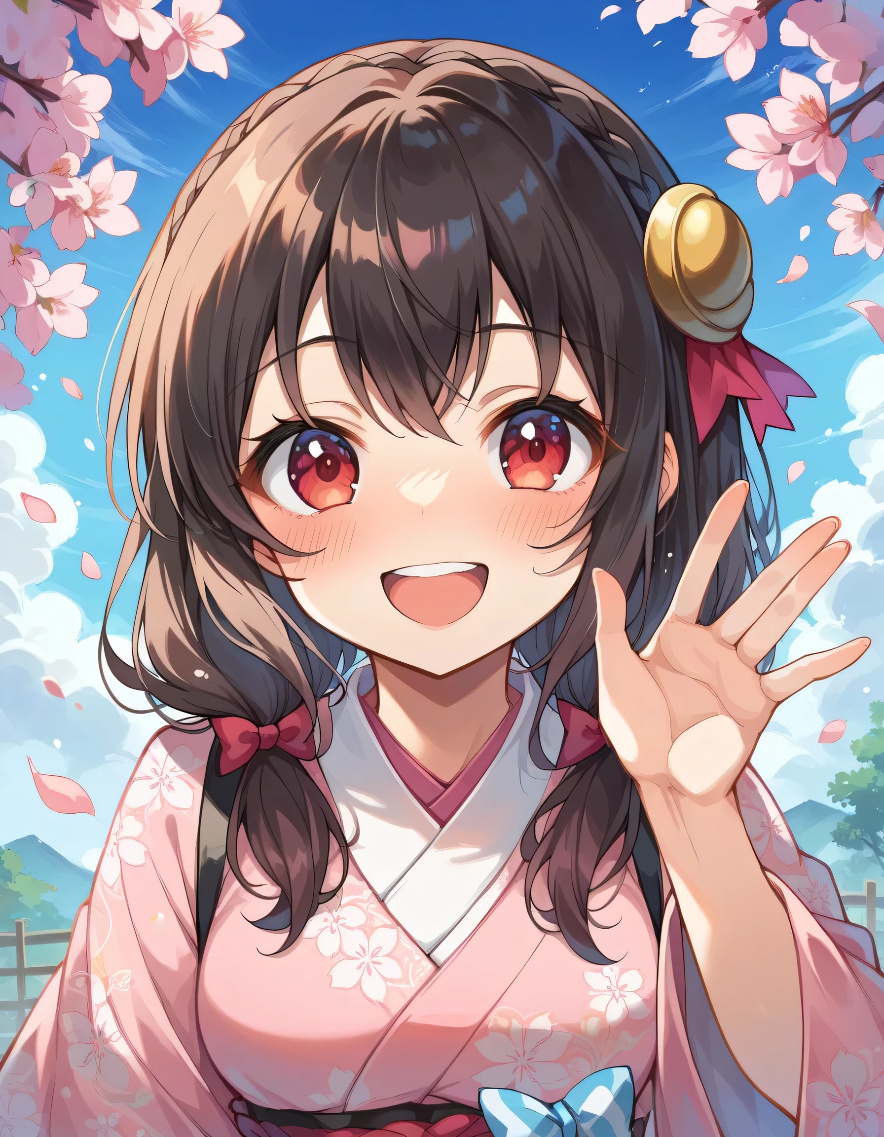 high image quality,high quality of wavy lines、
Yunyun、 (One person)、black hair, hair accessory, red eyes, pink floral printed kimono、See viewer、(blush:1.2),Waving gesture、blue sky、cherry blossoms、happy smile、opens her mouth and laughs、shows his teeth and laughs