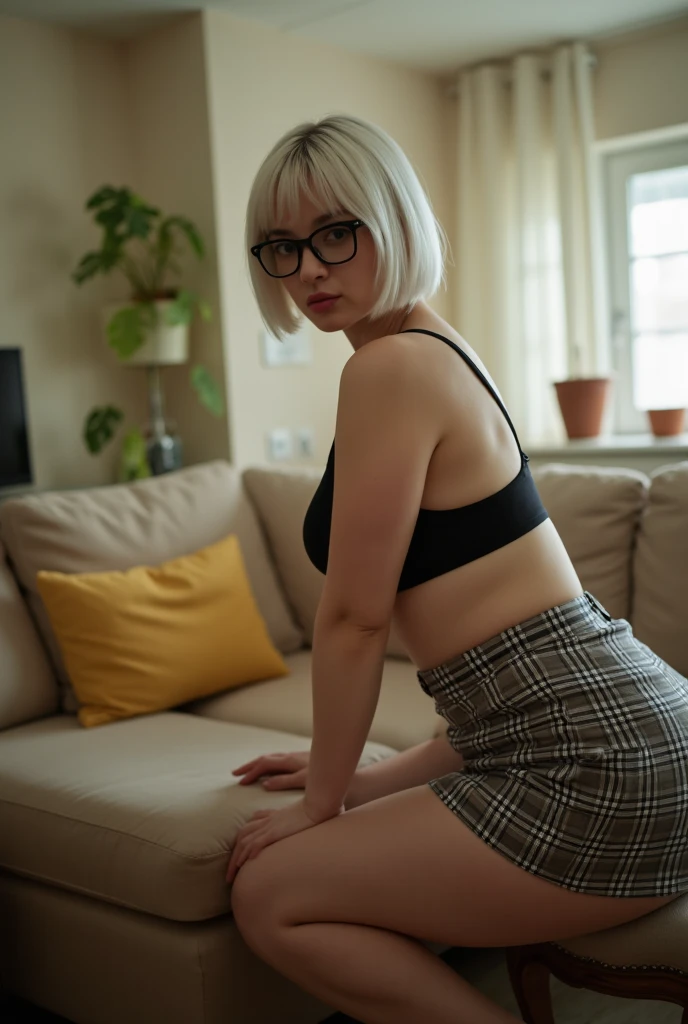 a beautiful woman with large breasts wearing a burnt orange cropped sweater and an orange high waist gstring and orange pull-up stockings, wearing glasses, holding a magnifying glass, standing in a derelict mansion, a screenshot by Adam Rex, tumblr, tachisme, warm sunshine, scary atmosphere, dimly lit, very sexy outfit, panties, gstring, sexy outfit, revealing outfit, sexy look, revealing clothes, sexy body, sexy hot body, sexy look at the camera, intriguing outfit, shy girl, hair covering her eyes, side view, viewed from the side,  long shot, long body shot, full length picture, Louboutin, perfect bottom, heels, high heels,  bashful pose,  candid pose, candid picture, faint smile, looking towards the floor, head bent forward, looking away from camera, portrait, very sexy pose, ready to be fucked, inviting pose, inviting for sex, seductive pose, very attractive, breathless pose, sexy face, dreamy scene, firmly holding her breasts, hands on her breasts, pushing her breasts together, backlighted, back lit, curvy accentuated booty, cleavage enhancing breasts, very large breasts, deep cleavage, flirty pose, sensual pose, seductive pose, confrontation pose, (messy bob hairstyle, white blond hair color), messy hairstyle, messy bob, messy hairstyle, white blond, 5 foot 3 inches tall, 110 pounds in weight, 34G breasts, large firm round breasts, very large breasts, cleavage, photorealistic, 4K, 8K, UHD, underboob