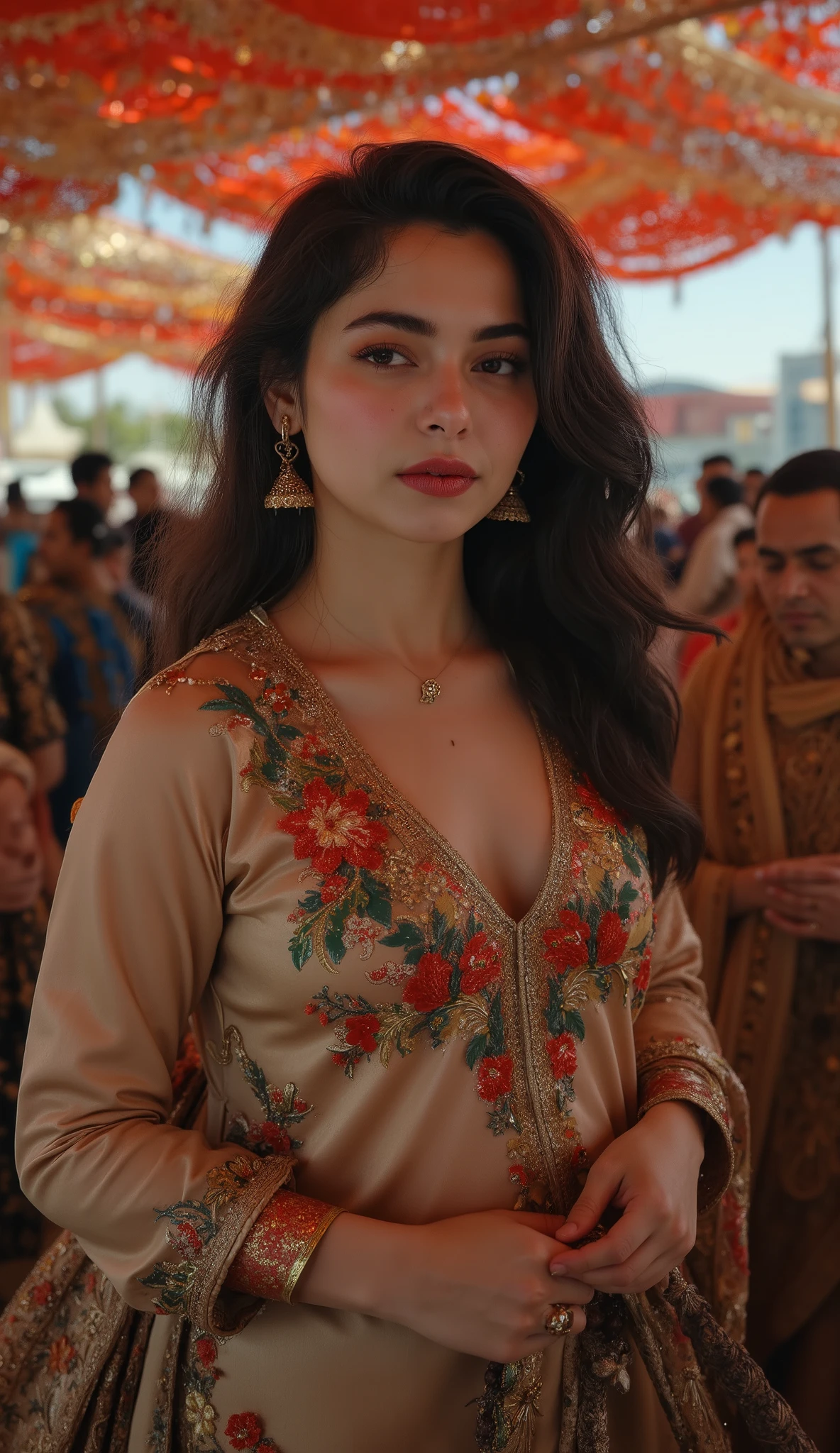 a captivating scene of a Pakistani busty, her pale skin glowing with natural beauty, (dark thick long hair), (big breasts), (modeling), (model photoshoot), standing in a Eid ceremony, She wears a fitting colorful satin shalwar kameez, , Her hips are accentuated by the tight kurti, and her thin waist creates a striking silhouette. Her expression, a mix of confidence and seduction, adds to the allure, making her a vision of beauty and desire in the Eid Party, inviting viewers to appreciate the unique charm and sensuality of a Pakistani woman. (solo), , (signed photo with "CK" in the corner) HaniaAamirFlux
.REALNIME midjourney style,maxim,aidmamj6.1,HaniaAamirFlux,Mj_whisper_flux,See through clothes,Transparent clothes,dynamic,photograph,kurta suit Midjourney_WhisperA hyper-realistic portrait of a stunning supermodel, featuring a beautifully detailed face with captivating eyes and a serene expression Salwar_Kameez_Flux, Wearing a Salwar Kameez