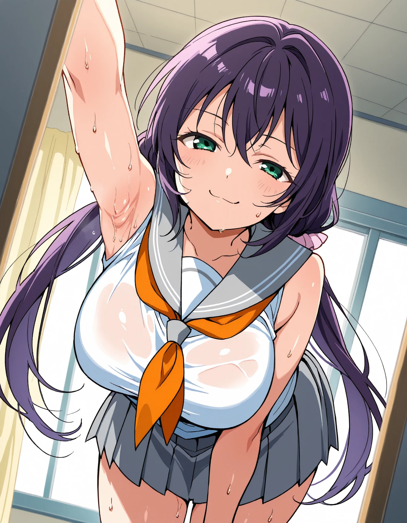 (masterpiece, best quality), 1girl,    nozomi toujou, looking at viewer, smile,big breasts,nsfw,miniskirt,socks
