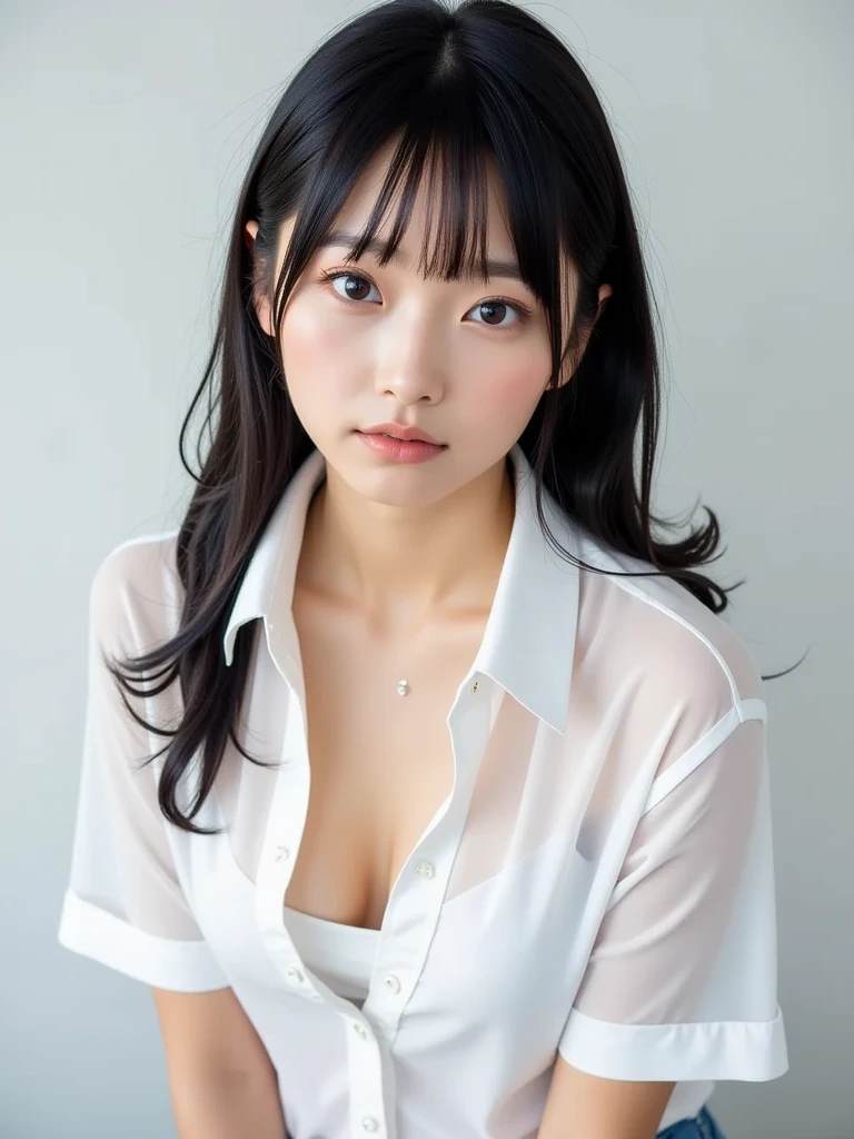 (RAW Photos: 1.2), (Realistic: 1.4), (highest quality: 1.4), Ultra-high resolution, (Fine Eyes),Nude Photos,Full body photo、Gravure photo,1. High school girl,(Large Breasts),You can see the chest、Black Hair,((White gathered blouse、pastel cardigan)),Bright Eyes,Blushing,smile,Highly detailed face and skin texture, Healthy Skin,(Beach),8K resolution