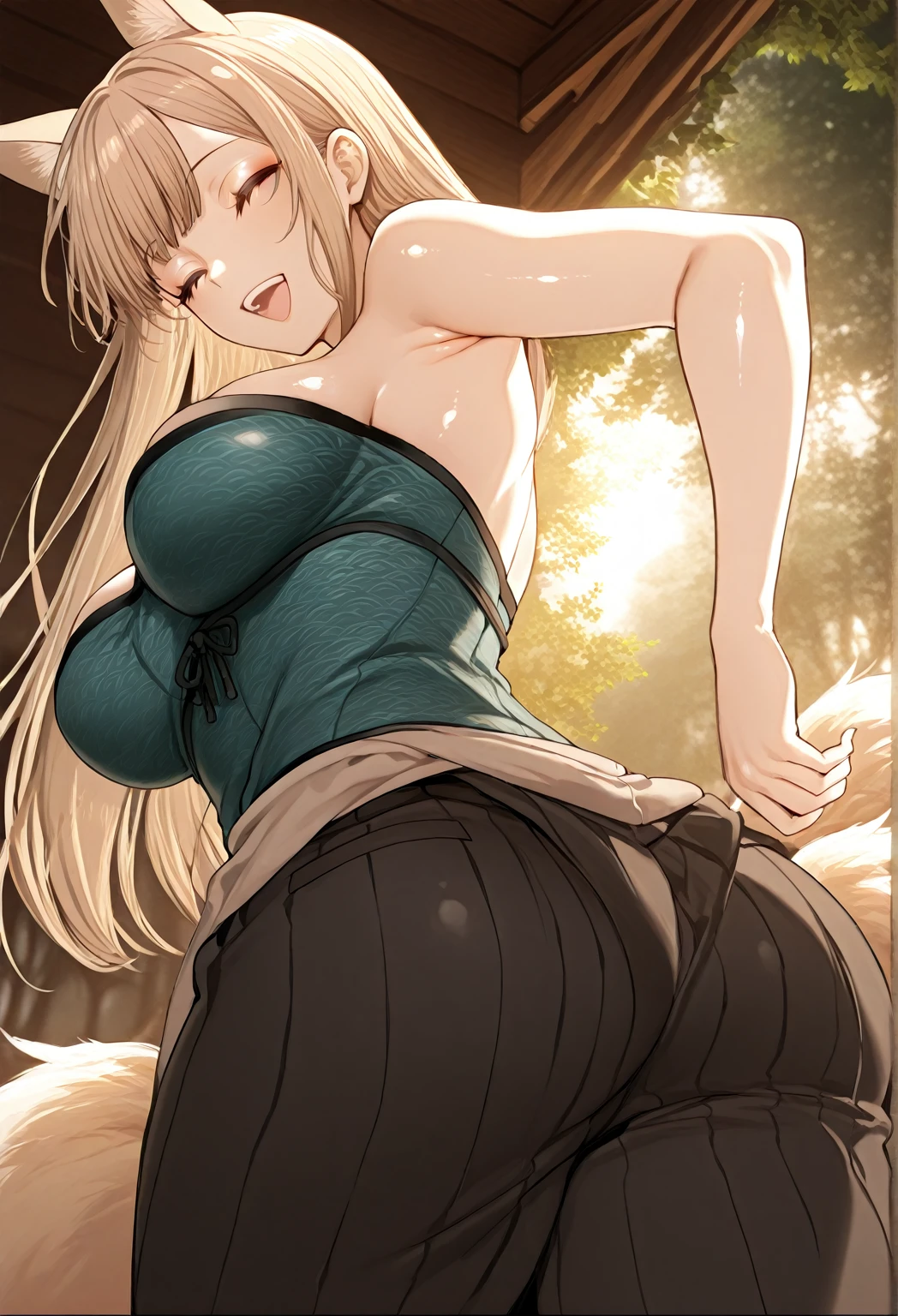 Very detailed、Highest quality、Best image quality、masterpiece、、Blonde curly hair、smile、(SFW Huge Body)、(((Rear View)))、Cowboy Shot、Wear a thong、Knee-high socks、(horn)