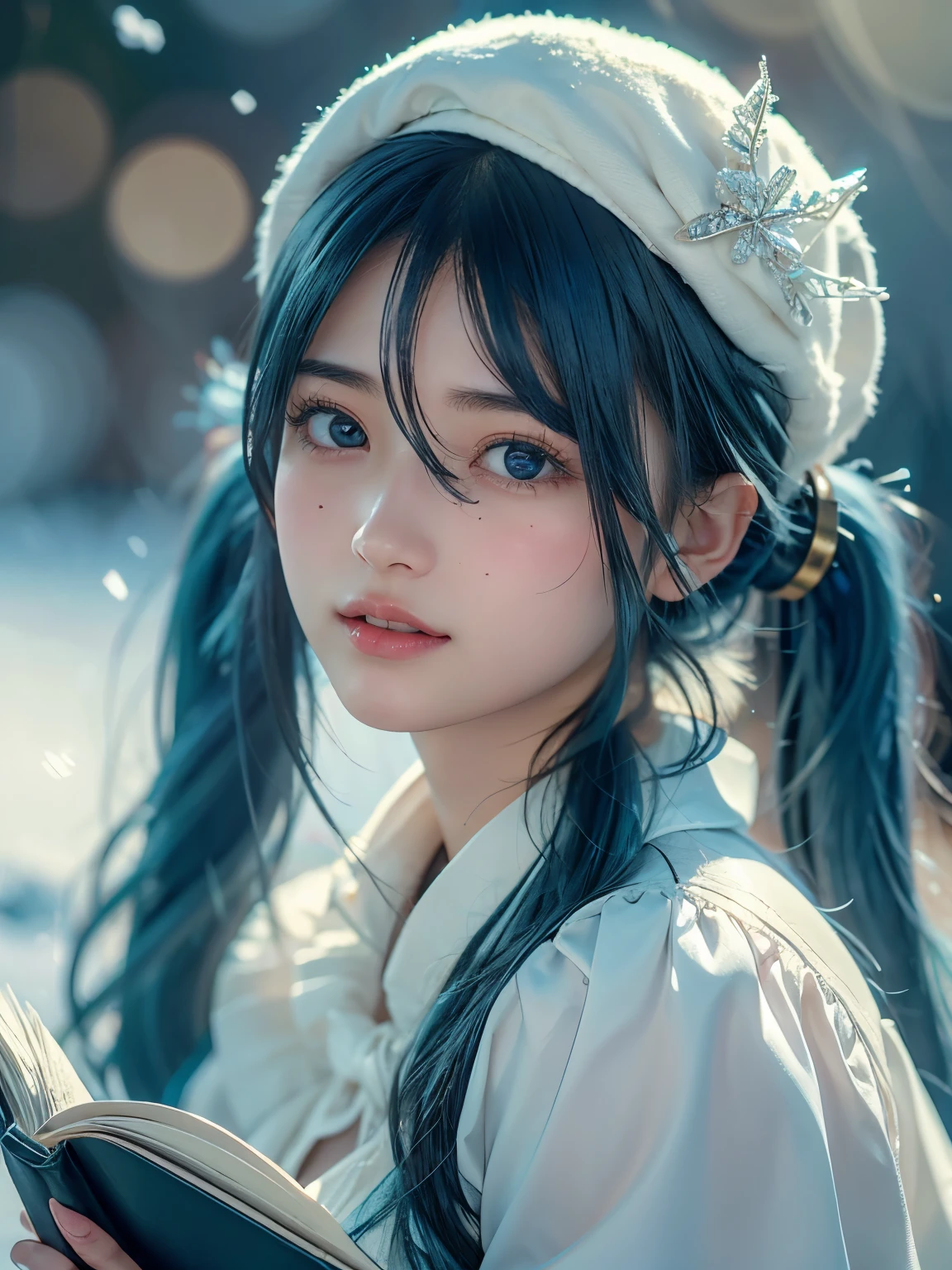 1girl , alone, (cute Japanese girl), 18yo, Young female, slim body, (skinny smile), Looking at camera, crystallineAI,
BREAK
upper body (portrait:1.2), Seductive pose, dynamic angle,
break
Professional photo-realistic images, (16k, RAW photo, best quality, masterpiece:1.2), (realistic, photo-realistic:1.4), (extremely detailed 8k wallpaper), sharp focus, depth of field, blur background, bokeh, cinematic lighting, soft light, High resolution 16k close-up of human skin,
BREAK
(sagging breasts:1.3),
BREAK
Hatsune Miku,
break
absurdly long hair, (blue hair:1.5), (((twin tails, hair ornament))), sidelocks, (hair between eyes:1.75), parted bangs, (aqua eyes:1.3),
BREAK
blue gloves, book, white headwear, musical note hair accessory, gloves, beret, musical note, capelet, white capelet, braided, snow flake print, white dress, fur trim, fur-trimmed capelet, treble clef, gold trim, dress,
BREAK
A world covered in silver, branches covered in snow, cold winter, snowflakes dancing like fairies, turning the world into a silver fairy tale, cold, quiet and beautiful snowy scenery,