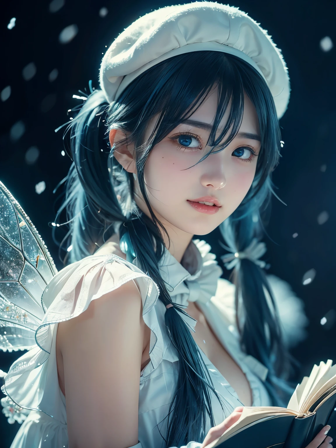 1girl  , alone, (cute Japanese girl), 18yo, Young female, slim body, (skinny smile), Looking at camera, crystallineAI,
BREAK
upper body (portrait:1.2), Seductive pose, dynamic angle,
break
Professional photo-realistic images, (16k, RAW photo, best quality, masterpiece:1.2), (realistic, photo-realistic:1.4), (extremely detailed 8k wallpaper), sharp focus, depth of field, blur background, bokeh, cinematic lighting, soft light, High resolution 16k close-up of human skin,
BREAK
(sagging breasts:1.3), 
BREAK
Hatsune Miku,
break
absurdly long hair, (blue hair:1.5), (((twin tails, hair ornament))), sidelocks, (hair between eyes:1.75), parted bangs, (aqua eyes:1.3),
BREAK
blue gloves, book, white headwear, musical note hair accessory, gloves, beret, musical note, capelet, white capelet, braided, snow flake print, white dress, fur trim, fur-trimmed capelet, treble clef, gold trim, dress,
BREAK
A world covered in silver, branches covered in snow, cold winter, snowflakes dancing like fairies, turning the world into a silver fairy tale, cold, quiet and beautiful snowy scenery,