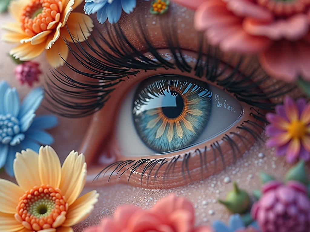 "Ultra-realistic close-up of a human eye surrounded by colorful autumn leaves. The iris is vibrant and detailed, featuring intricate patterns and colors like purple and pink with hints of blue. The eyelashes are sharply defined, and the lighting enhances the textures of both the eye and the leaves, creating a surreal and captivating image."