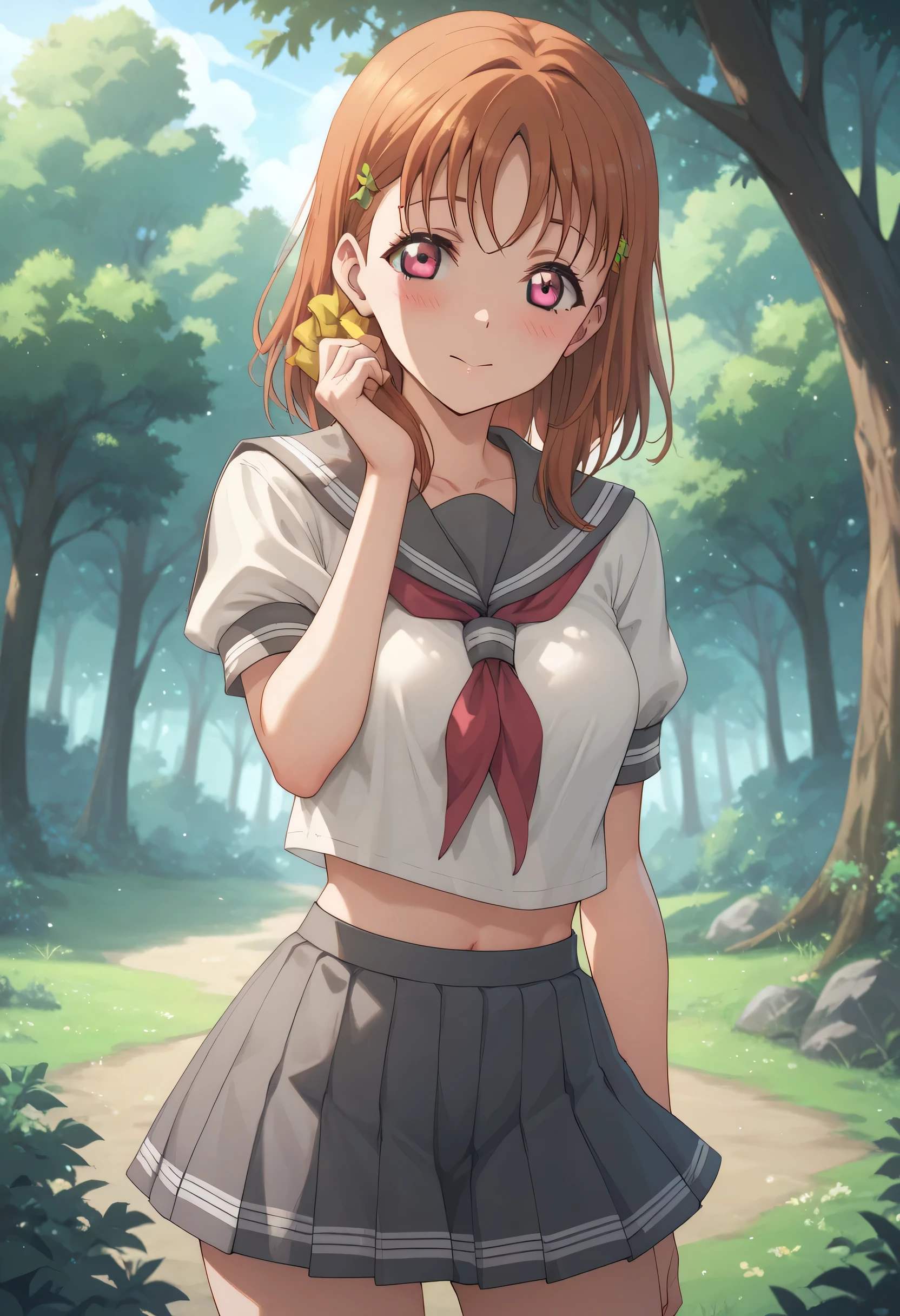 An image of blushing Chika Takami standing with medium breasts posing erotically in a Sailor fuko and short gray removable skirt in a forest with lots of trees