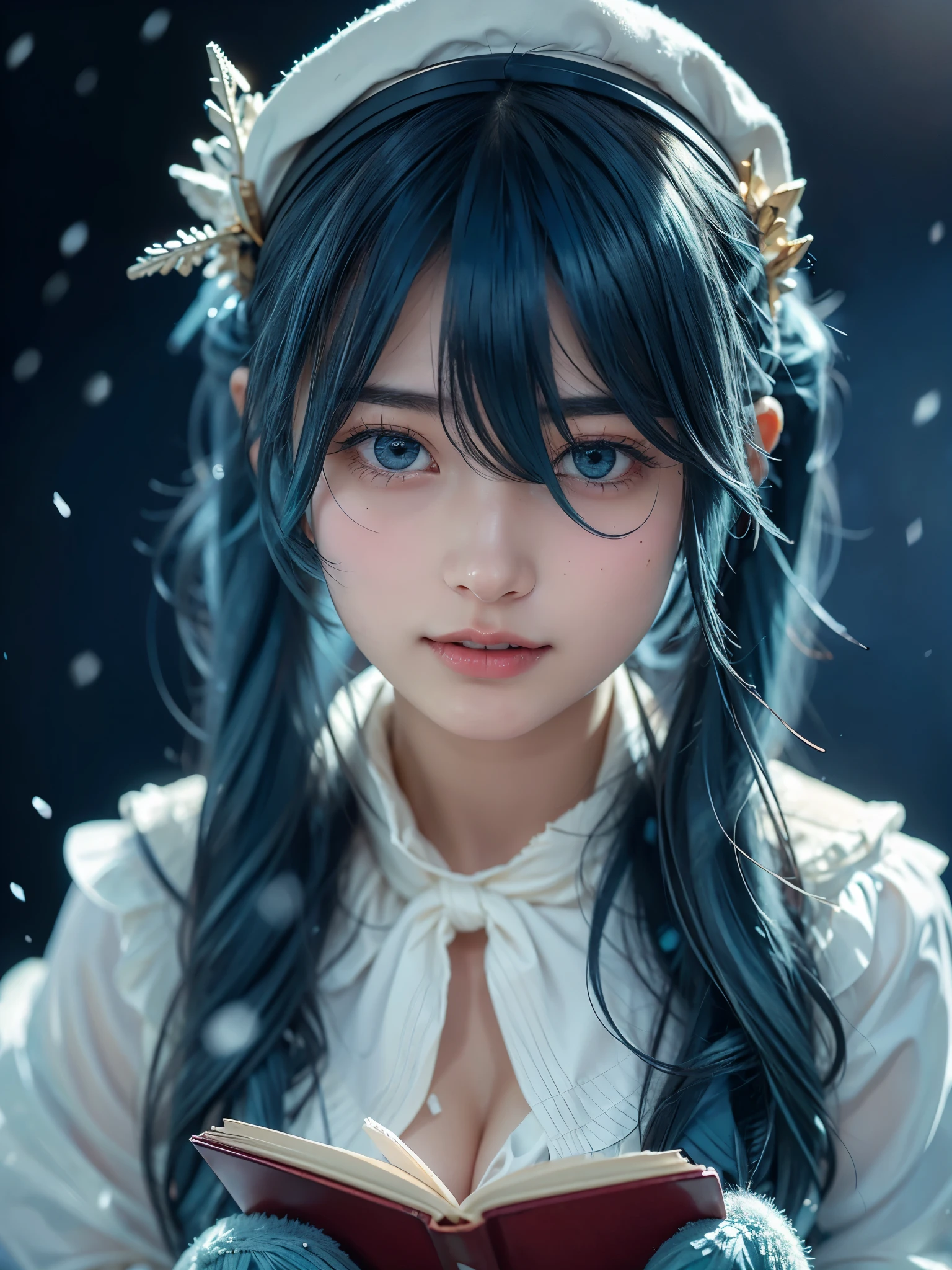 1girl , alone, (cute Japanese girl), 18yo, Young female, slim body, (skinny smile), Looking at camera, crystallineAI,
BREAK
upper body (portrait:1.2), Seductive pose,
break
Professional photo-realistic images, (16k, RAW photo, best quality, masterpiece:1.2), (realistic, photo-realistic:1.4), (extremely detailed 8k wallpaper), sharp focus, depth of field, blur background, bokeh, cinematic lighting, soft light, High resolution 16k close-up of human skin,
BREAK
(sagging breasts:1.3),
BREAK
Hatsune Miku,
break
absurdly long hair, (blue hair:1.5), (((twin tails, hair ornament))), sidelocks, (hair between eyes:1.75), parted bangs, (aqua eyes:1.3),
BREAK
blue gloves, book, white headwear, musical note hair accessory, gloves, beret, musical note, capelet, white capelet, braided, snow flake print, white dress, fur trim, fur-trimmed capelet, treble clef, gold trim, dress,
BREAK
A world covered in silver, branches covered in snow, cold winter, snowflakes dancing like fairies, turning the world into a silver fairy tale, cold, quiet and beautiful snowy scenery,