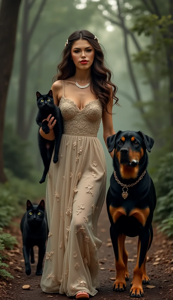 looking 60 years old, Beautiful and seductive curvy white MILF with big tits and big ass.,,,,,, , - , wearing a sheer white maxi dress that reveals her breasts, Surrounded by a black American bully with a white spot on the muzzle, a grey Persian cat and a European common cat