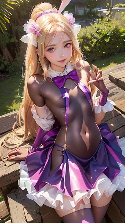 masterpiece, Highest quality, Highly detailed CG Unity 8k wallpaper,((Upper Body)) ,((Upper Body head close-up shot of a beautiful little girl)), , Elegant long straight blonde hair, (Mckenna Grace), ((Flat Chest,Thighs,Dark Skin,)), (Purple green) Golden (Sparkly tutu,long rabbit ears headgear, , bow tie, No pants, Genitals are visible), ((Spread your legs)),(), (blush), Oilskin, (Captivating smile), (Outdoor), Pretty face, Key Art, Awards, intricate detail realism hdr, by (Luan Jia, Altgerm and Range Murata), Photorealism, Hyperrealism, Ultra-realistic, Dramatic Light, Strong Shadows, Nice views, Depth of written boundary