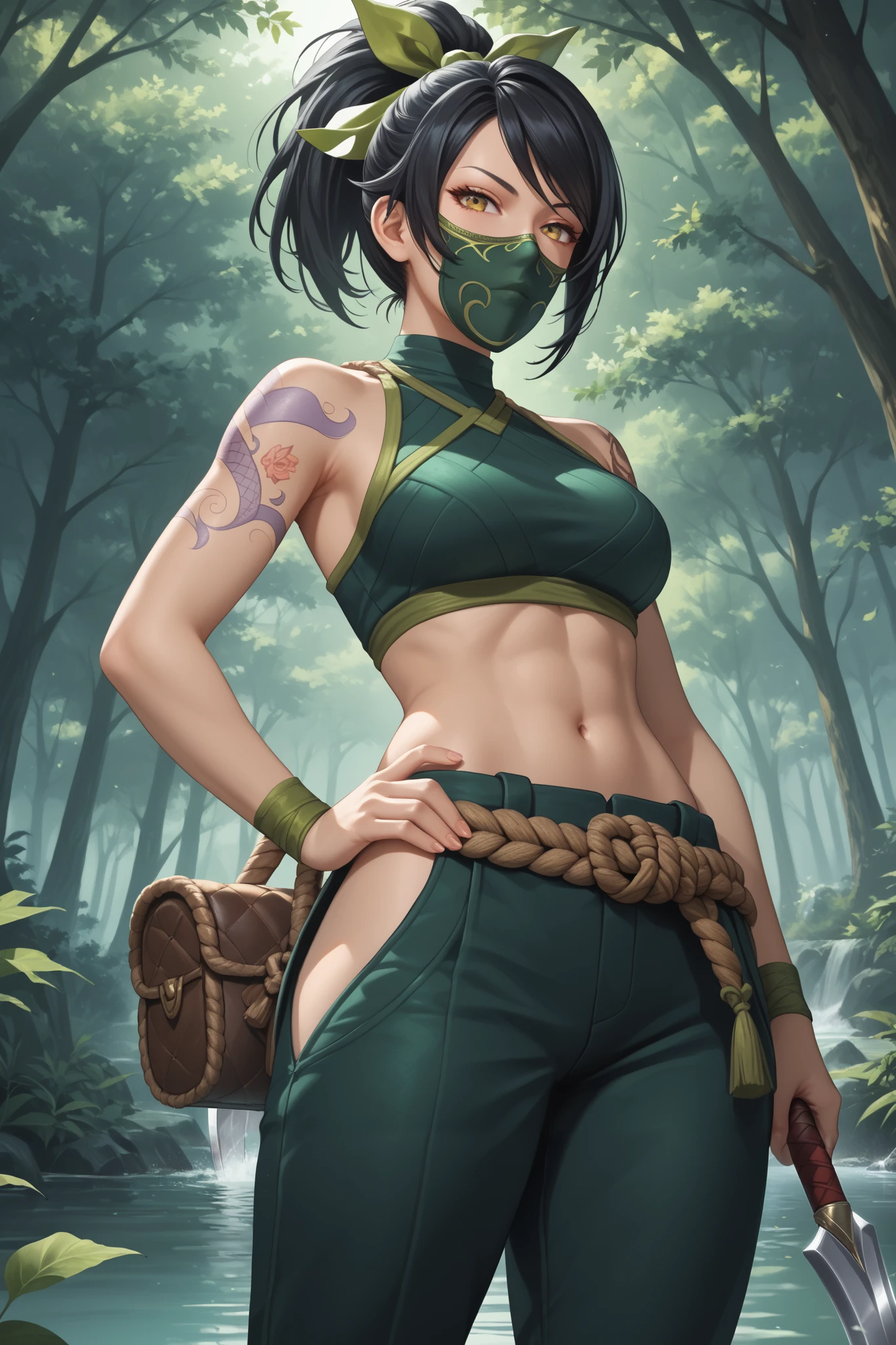 masterpiece, beautiful, ultra-detailed, detailed face, 4k, hd, perfect lighting, best quality, score_9, score_8_up, score_7_up, 2d art, perfect hands, perfect eyes
((cowboy shot))
AkaliLoLXL, green mouth mask, yellow eyes, black hair, swept bangs, green ribbon, hair ribbon, long ponytail, arm tattoo, tattoo, , shoulders, green crop top, leaf on hand, navel, rope belt, cylinder bag, hip vent, green pants, green boots, kunai, sickle, holding weapon
1woman, serious, 30yo, adult, ((mature woman)), hand on , back
night, kyoto, forest
realism, detailed, skin texture style