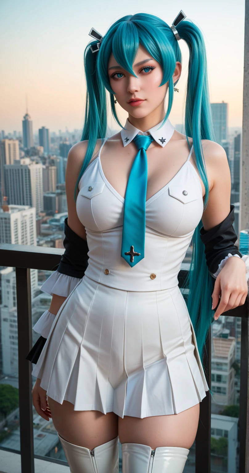 yamato from anime one piece, white hair, blue hair ends, long hair, hair tie, beautiful girl, beautiful with earrings, wearing watch, wearing red formal shirt, wearing white formal suit, red pants, perfect body, standing, looking to the audience, smiling, being in public, being in tokyo city, being on the roadside, boobs, medium boobs