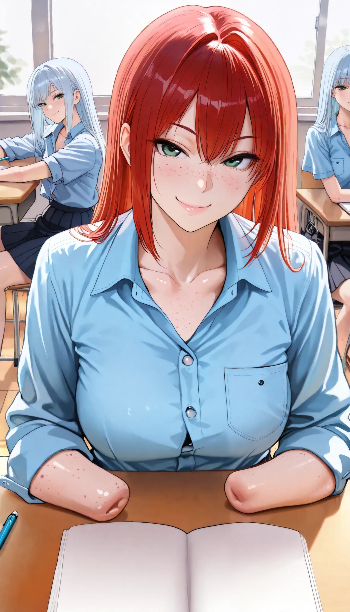 beautiful armless amputee girl dressed in blue shirt with rolled sleeves and skirt studying in the shiny classroom, girl, cute, sassy, smile, green eyes, (freckles), redhead, ((long straight red hair)), ((light blue button down shirt)), (((rolled up sleeves))), ((missing forearms)), ((elbows)), ((amputee)), (((arm stumps))), (((collarbone))), big chest, (chest pocket), ((legs)), looking at viewer, classroom, masterpiece, best quality, amazing quality, realistic, hyper-detailed, (((studying))), desk,