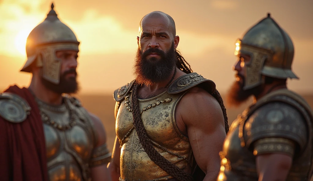 Goliath who is bald gray 3 meters tall and with several people shouting at him in the background in Israel; biblical characters