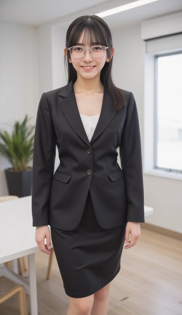 Beautiful 23 years old Vietnamese girl, high hair tie, Wear a professional suit like a banker, Stand up straight in front of the frame, People in an upright position give presentations in the office