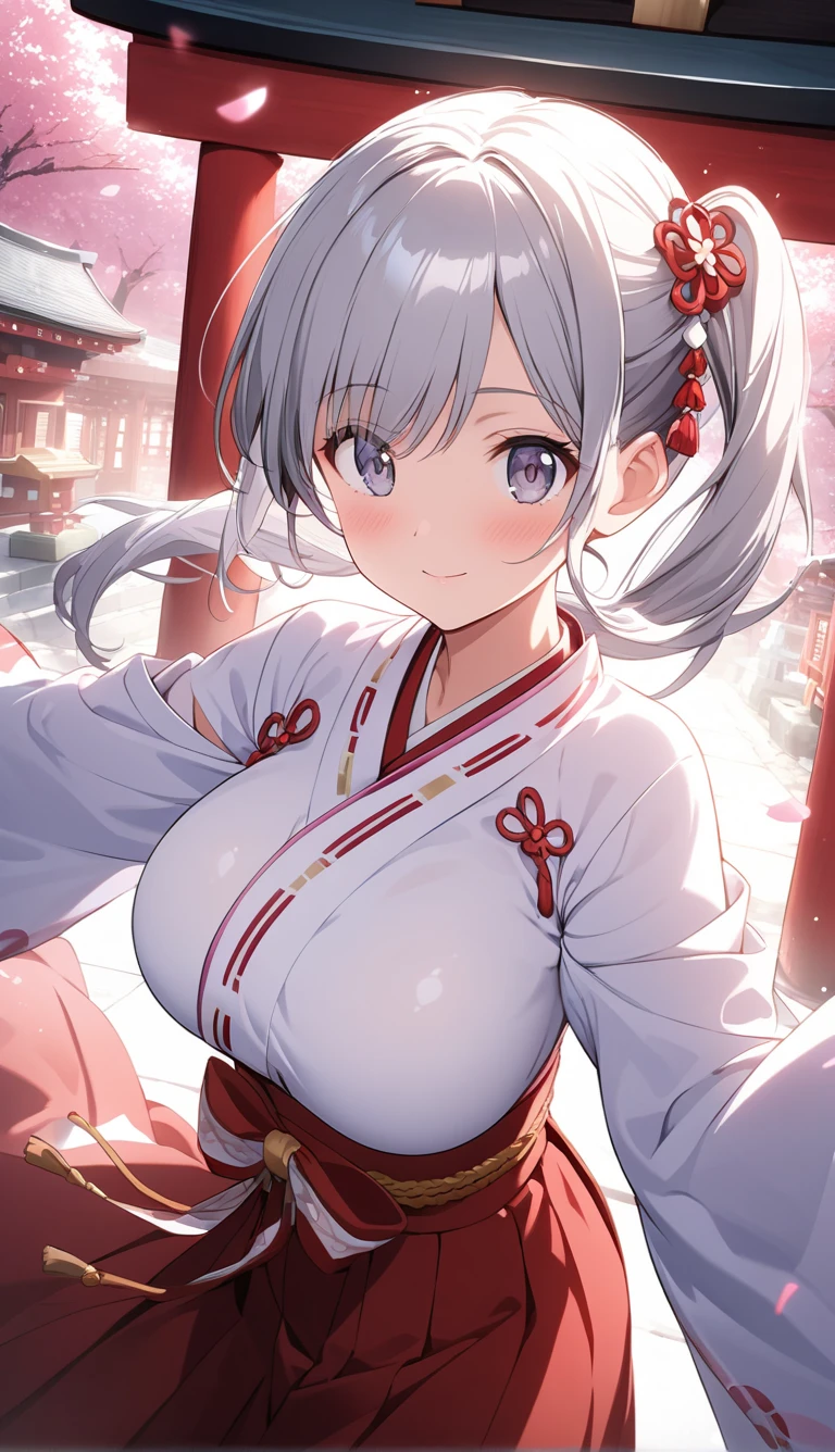 4 women, multiple women, twins, long hair, ponytail, short hair, breasts, looking at viewer, blushing, smiling, open mouth, blue eyes, brown hair, ribbon, navel, animal ears, exposed shoulders, underwear, tail, white hair, :d, thighs, multi-colored hair, hairband, necessarily large breasts, sleeveless, fangs, abdomen, belly, two-tone hair, high leg, horse ears, blue sailor collar, Uma Musume, horse tail, black hair, hair ornament, sitting, yellow eyes, thighs, exposed navel, heterochromia iridum, skimpy clothing, chest curtains, long hair, , smiling, open mouth, skirt, blonde, red eyes, exposed shoulders, thighs, outdoors, sleeves removed, kimono, wide sleeves, armpits, obi, bells, sideboob, cherry blossoms, hakama, hakama skirt, non-traditional shrine maiden, hair bells, hakama short skirt