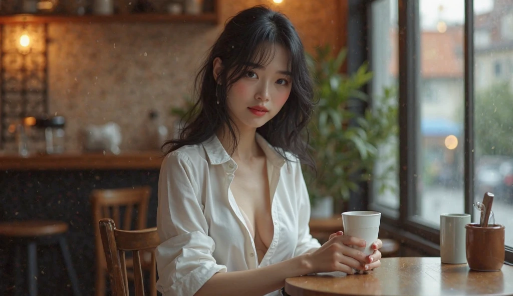 (in perspective) a gorgeous sexy brunette woman perfect 23-year-old secretary straight hair with ponytail oily silky white skin (damp) fleshy lips, (photorealistic:photorealistic, 8k masterpiece), large breasts wearing with a tight white dress shirt (highlight on breasts), sitting at a restaurant table holding a cup of coffee (hyperrealistic: realistic, environment with intricate details),  with a sensual feature on the face: (texture and environment professional photography pure perfect lighting).