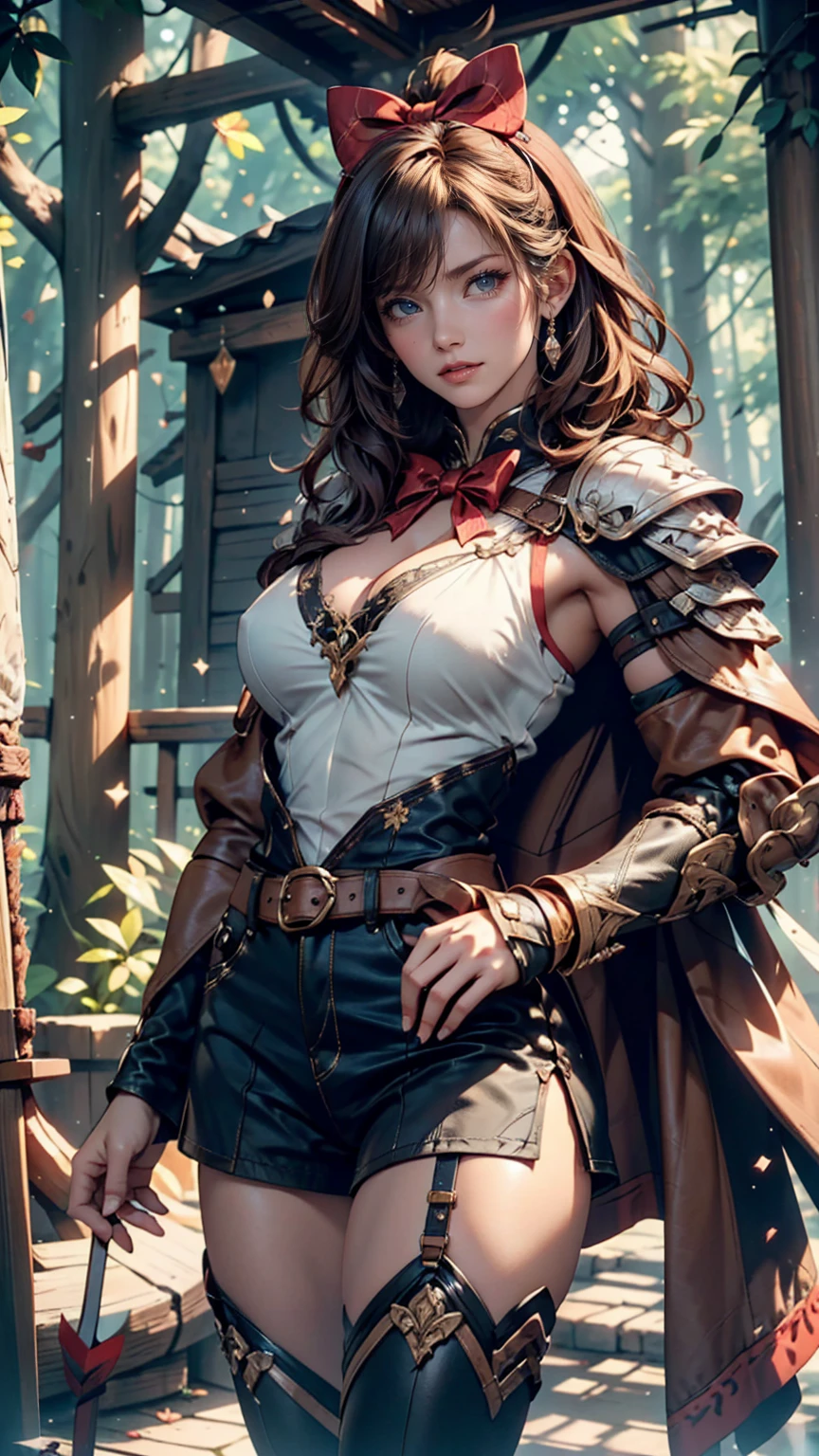 <lora:add_detail:0.5> <lora:Addams:0.5> (best quality, masterpiece:1.2), photorealistic, thick outlines, strong shadows, 1 girl, full body, standing <lora:amber (genshin impact) flexible:1>, amber \(genshin impact\), brown eyes, brown hair, long hair, red hair ribbon, brown short shorts, leather gloves, pouch, thighhighs, white boots, small breasts, cleavage cutout, shrug \(clothing\) detailed background, detailed face, background night castle,