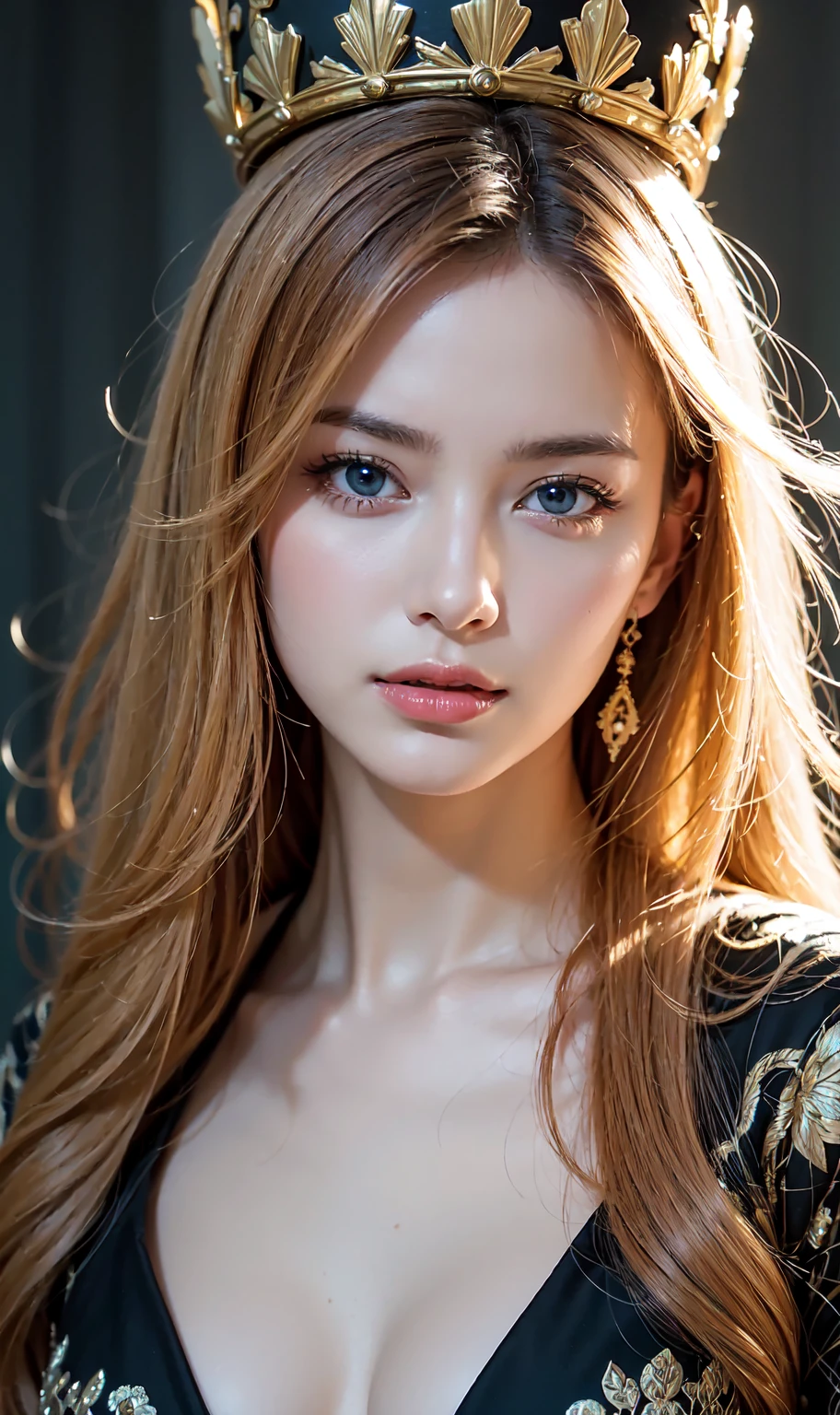 22-year-old woman、(hi-top fade:1.3)、length hair、Blue eyes、Dark theme、Soothing tones、Subdued Color、highly contrast、Colossal tits、(cleavage of the breast)、Off-the-shoulder see-through black dress、The upper part of the body、(natural skin textures、Hyper-Realism、Soft light、sharp)、(a blond)