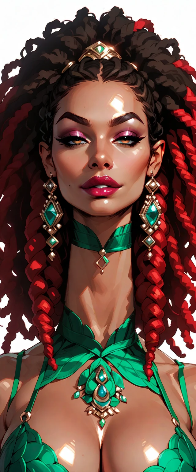 add_detail:1, (((realistic image))) of a black woman with red hair and light green eyes, wearing elegant party clothes, with scattered contours and white background, intricate details, low key