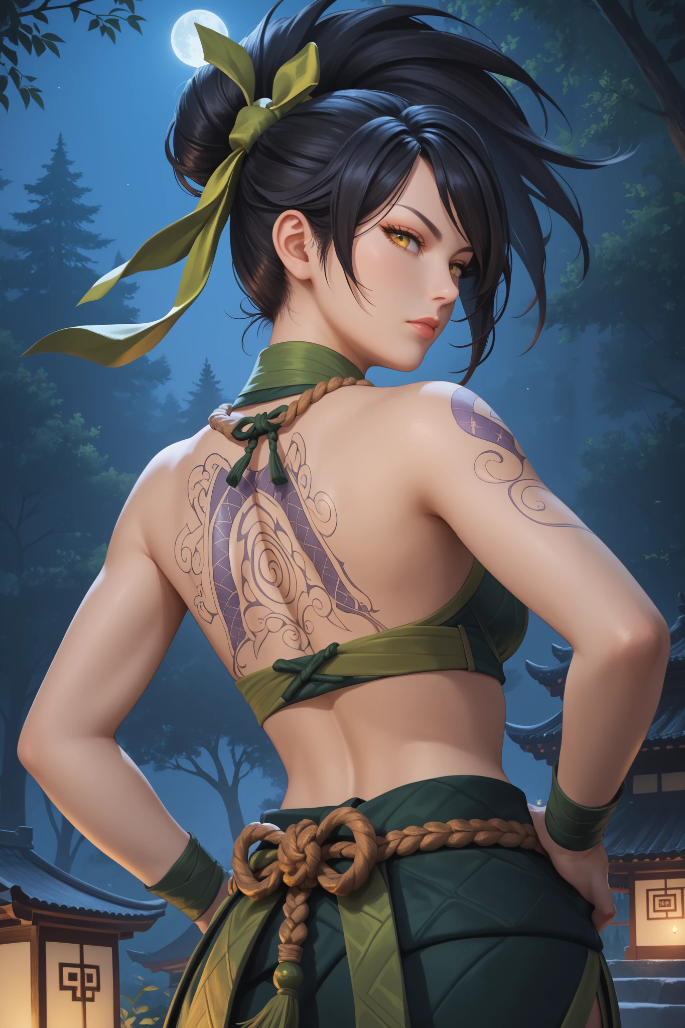 masterpiece, beautiful, ultra-detailed, detailed face, 4k, hd, perfect lighting, best quality, score_9, score_8_up, score_7_up, 2d art, perfect hands, perfect eyes
((cowboy shot))
AkaliLoLXL, yellow eyes, black hair, swept bangs, green ribbon, hair ribbon, long ponytail, arm tattoo, tattoo, medium breasts, bare shoulders,
1woman, serious, 30yo, adult, ((mature woman)), hand on hips, back
night, kyoto, forest, nsfw
realism, detailed, skin texture style