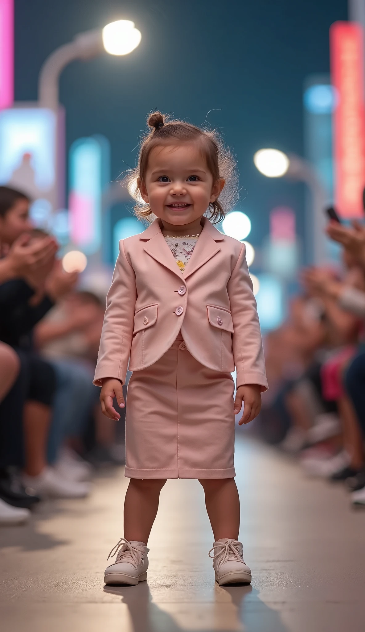 A toddler girl wearing an '80s outfit walking down a catwalk parading on an elegant soft-lit rug, alta qualidade, grain of film,