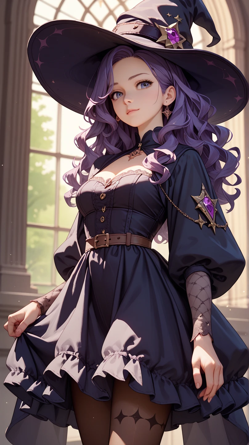 older woman in her 30s with long purple hair and tall, curvy body seen from behind, de costas, seios grandes (obra de arte, Melhor qualidade:1.2) wearing the legendary great black dress of the mystical sorceress, Big witch hat, solo, sozinha