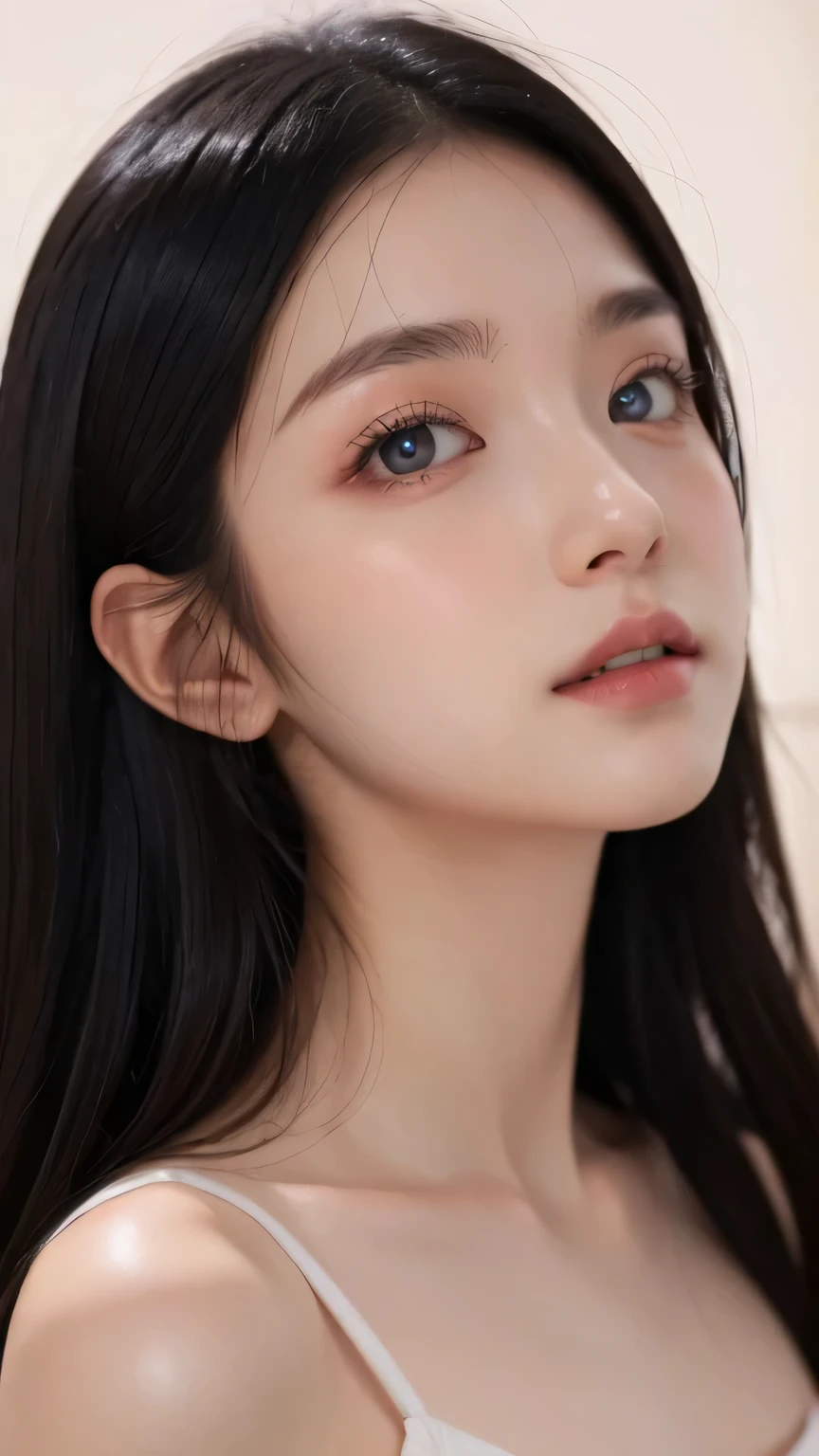 Hair covers my bare chest、 Open your mouth loosely 、、depression、20 years old、woman、 black hair 、 red cheeks 、 pink lips、 long straight hair、Bob、hime cut、 upper body、 Look up at the viewers 、 simple background、
