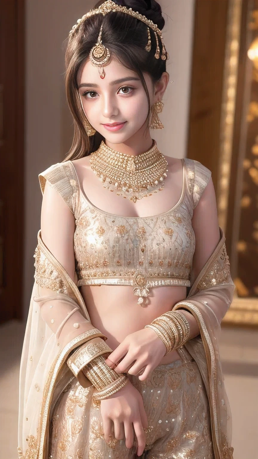 8K, ultra high detailed small pakistani full sharara small girl, happy smiling, bun hair, impressive hairstyle, detailed eyes, detailed lips, small pakistani girl, short height,small girl, shararah,she has thick thighs, little innocent face , wearing full sharara, indian traditional event, standing small girl,, whole body, full sharara