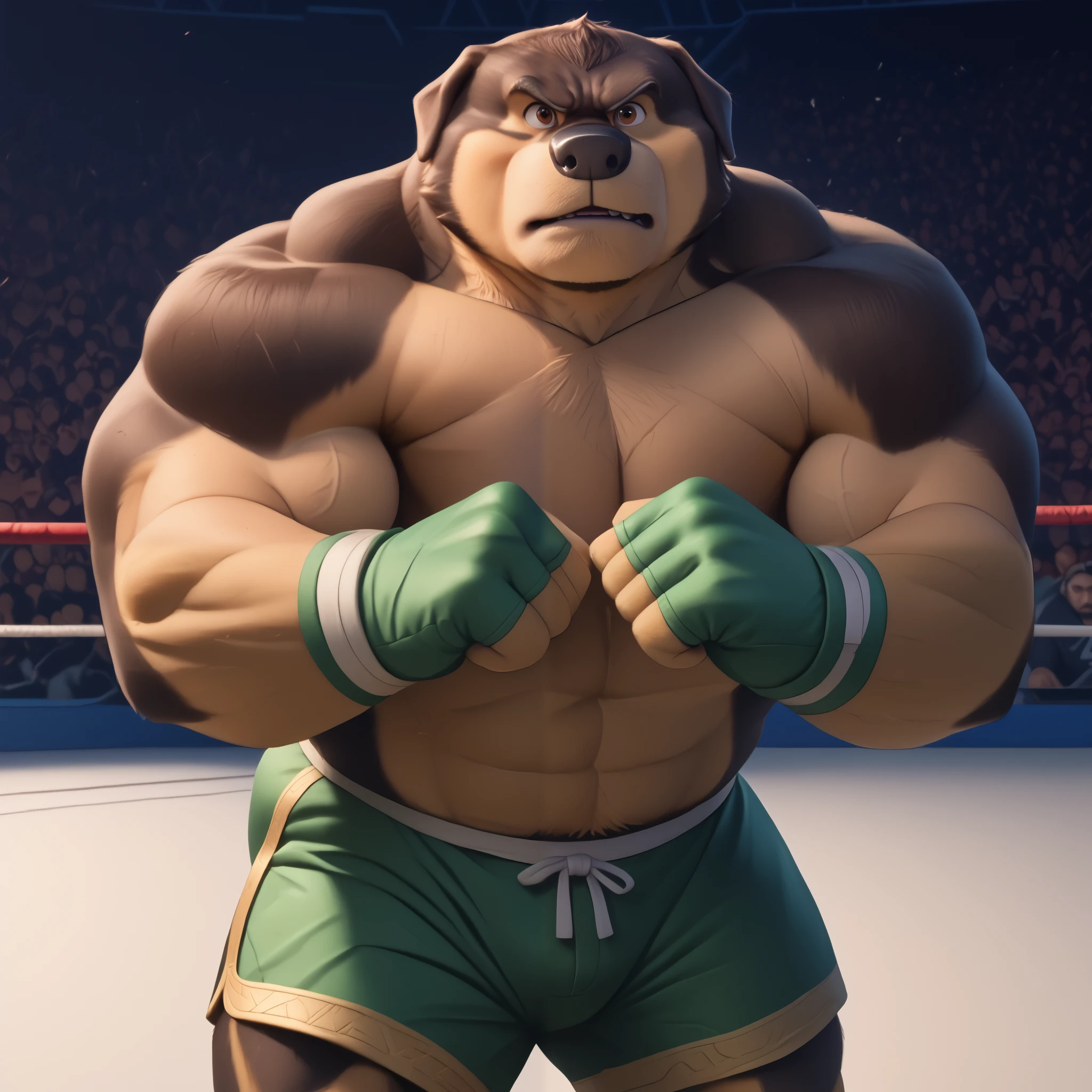 score_9, score_8_up, score_7_up, cartoon_style, ((by BodiPhant0m)), byBodiRDz, 4k, 8k, The best quality, very well drawn, detailed, high quality, detailed, 4k, high resolution, high quality, high resolution, Khampa, detailed, high quality, detailed, 4k, high resolution, high quality, high resolution, furry character, canine, 2d, solo, fighting arena background, rockdog, khampa, style rock dog, movie style, style[rockdog], rockdog, male, Tibetan mastiff, mastiff, dog boy, dog, khampa, Tibetan Mastiff with brown-and-tan fur with tan fur on his muzzle, hands, feet, black nose, brown eyes, middle aged, thick muscular, Height: 6'10", Weight: 358lbs, shirtless, wearing black MMA shorts with green colored slits, MMA fingerless gloves with green knuckle pads, fights,  