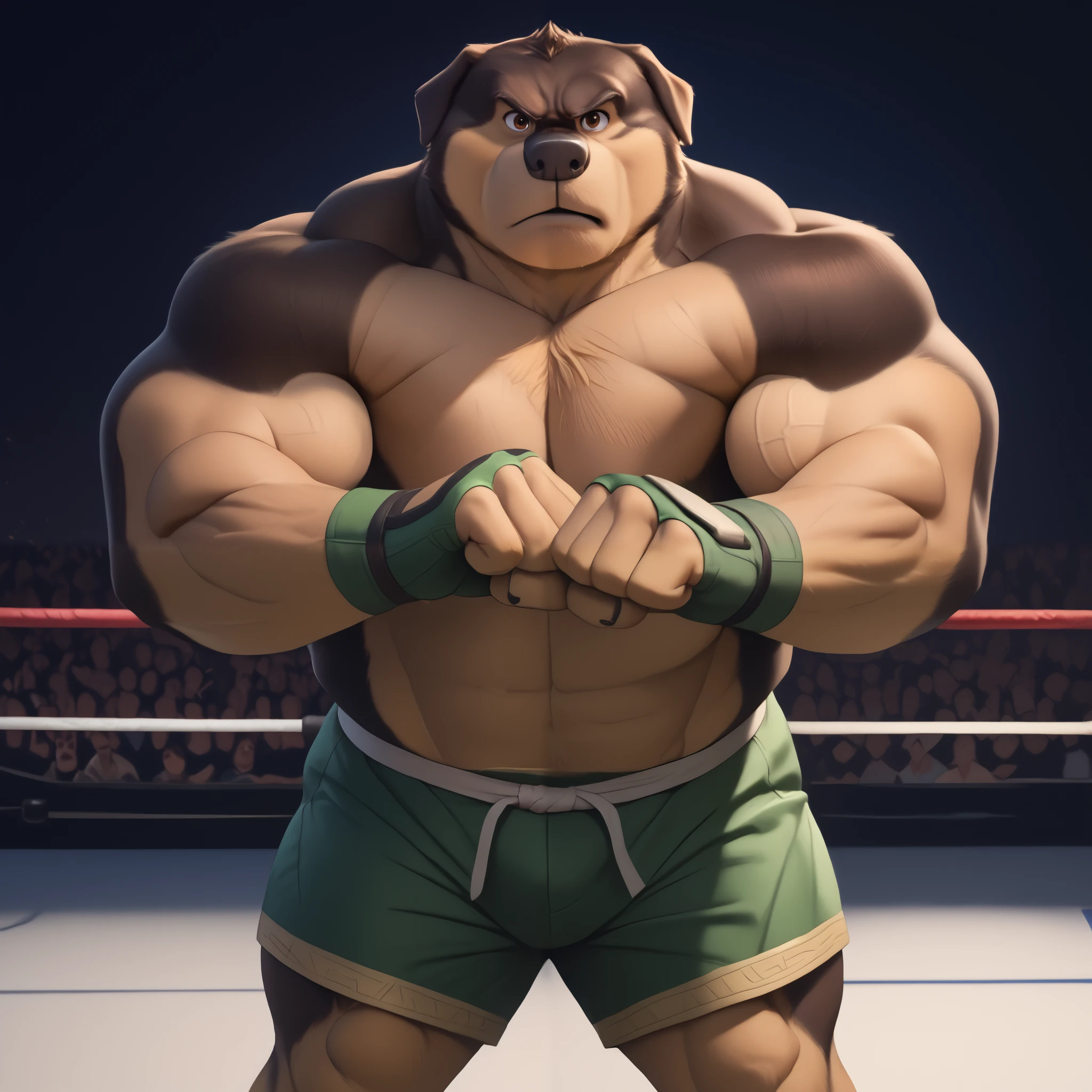 score_9, score_8_up, score_7_up, cartoon_style, ((by BodiPhant0m)), byBodiRDz, 4k, 8k, The best quality, very well drawn, detailed, high quality, detailed, 4k, high resolution, high quality, high resolution, Khampa, detailed, high quality, detailed, 4k, high resolution, high quality, high resolution, furry character, canine, 2d, solo, fighting arena background, rockdog, khampa, style rock dog, movie style, style[rockdog], rockdog, male, Tibetan mastiff, mastiff, dog boy, dog, khampa, Tibetan Mastiff with brown-and-tan fur with tan fur on his muzzle, hands, feet, black nose, brown eyes, middle aged, thick muscular, Height: 6'10", Weight: 358lbs, shirtless, wearing black MMA shorts with green colored slits, MMA fingerless gloves with green knuckle pads, fights,  