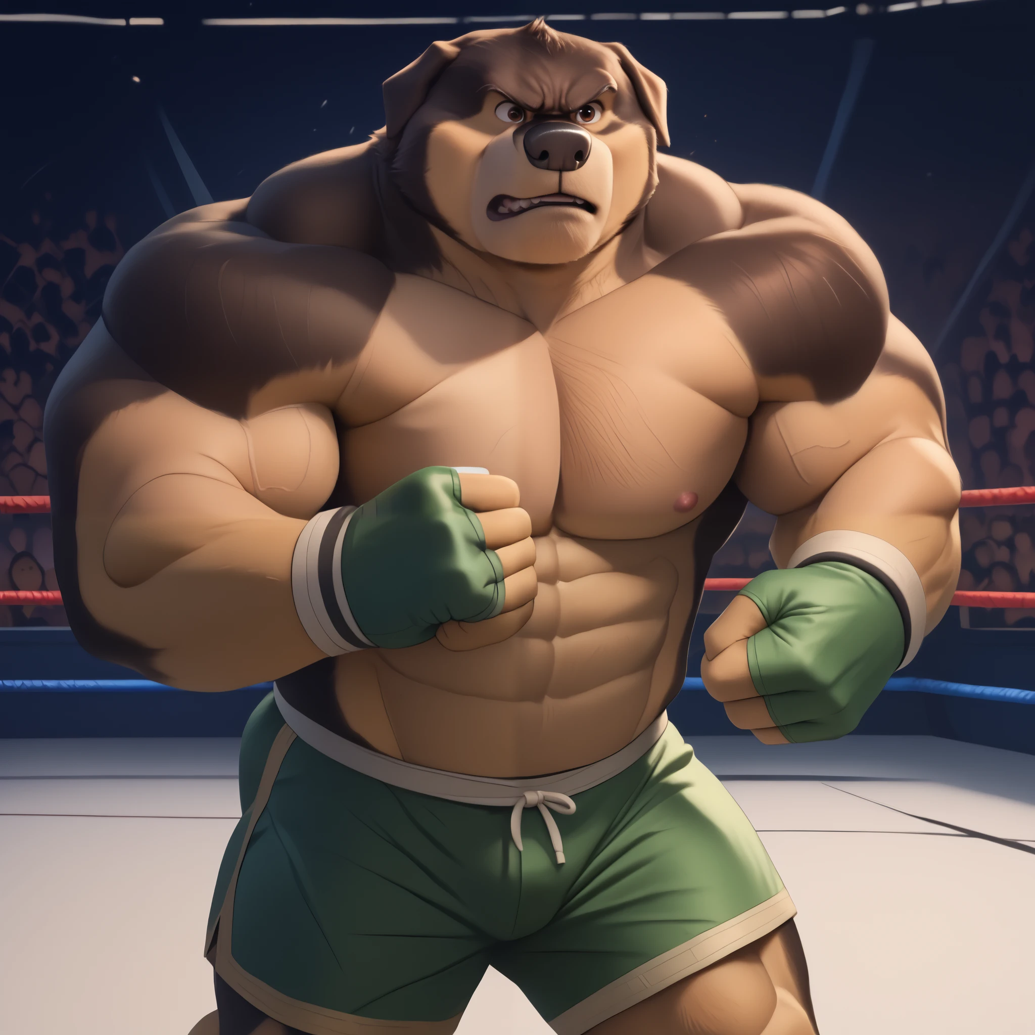 score_9, score_8_up, score_7_up, cartoon_style, ((by BodiPhant0m)), byBodiRDz, 4k, 8k, The best quality, very well drawn, detailed, high quality, detailed, 4k, high resolution, high quality, high resolution, Khampa, detailed, high quality, detailed, 4k, high resolution, high quality, high resolution, furry character, canine, 2d, solo, fighting arena background, rockdog, khampa, style rock dog, movie style, style[rockdog], rockdog, male, Tibetan mastiff, mastiff, dog boy, dog, khampa, Tibetan Mastiff with brown-and-tan fur with tan fur on his muzzle, hands, feet, black nose, brown eyes, middle aged, thick muscular, Height: 6'10", Weight: 358lbs, shirtless, wearing black MMA shorts with green colored slits, MMA fingerless gloves with green knuckle pads, fights,  