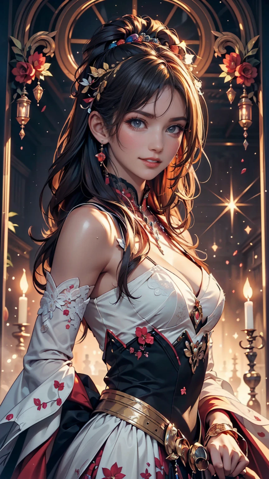 8K resolution, masterpiece, Highest quality, Award-winning works, unrealistic, From above, erotic, Only sexy women, healthy shaped body, 22 years old, Black Mage, height: 165cm, Large, firm, swaying bust,, long wavy silver hair, Detailed facial depiction, break, Mysterious blue eyes, Standard nose, eyeliner, Pink Lips, Sexy long legs, Transparent muscles, holy knight, Gothic ruffle long dress, A dress with a complex structure, 7 Colorful Dresses, Clothed in flames, royal coat of arms, elegant, Very detailed, Delicate depiction of hair, Miniature Painting, Digital Painting, artステーションコンセプトart, Smooth, Sharp focus, shape, artジャム、Greg Rutkowski、Alphonse Mucha、William Adolphe Bouguereau、art:Stephanie Law , Royal Jewel, nature, Symmetric, Greg Rutkowski, Charlie Bowwater, unrealistic, Surreal, Dynamic Lighting, ファンタジーart, Complex colors, Colorful magic circle, flash, Dynamic sexy pose, A kind smile, Mysterious Background, aura, A gentle gaze, break, Small faint lights and flying fireflies, night, lanthanum, 山の頂From above下界を見下ろす, Starry Sky, milky way, nebula, shooting star, A sacred staff that emits a brilliant light, Back view, To the camera