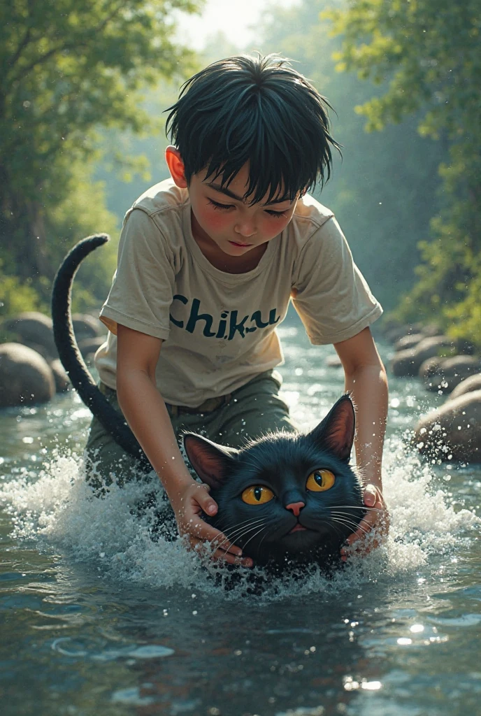 Boy rescuing cat from water