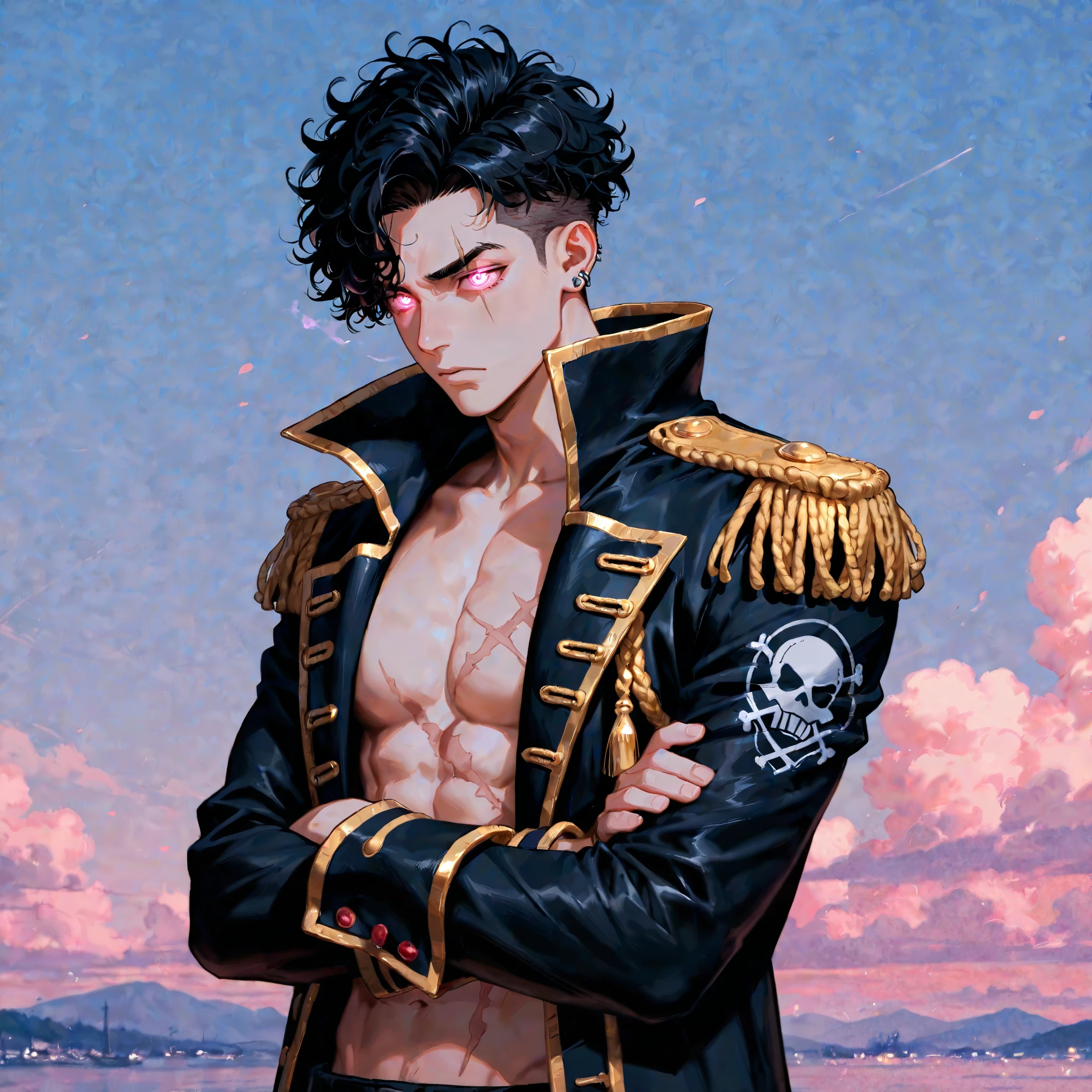 1male, solo, black hair, messy undercut curly hair, pink beautiful glowing eyes with white accents, open giant black pirate jacket with golden tassels with pink accents, no shirt, arms crossed, daytime blue sky background, scar below eyes, black tattoos across 