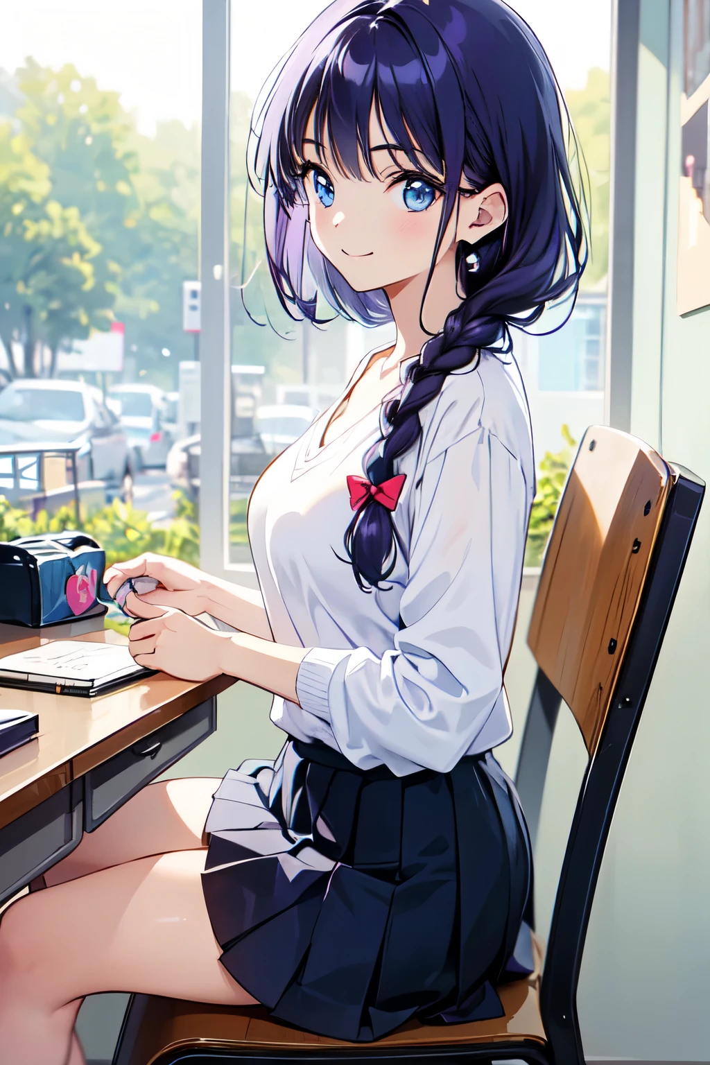 high resolution, 1girl, office, sitting chair, a coffee mug and lunchbox on desk, Looking at viewer, from side , purple hair, braid, blue eyes, smile, v-neck sweater, Pleated skirt, best quality,
