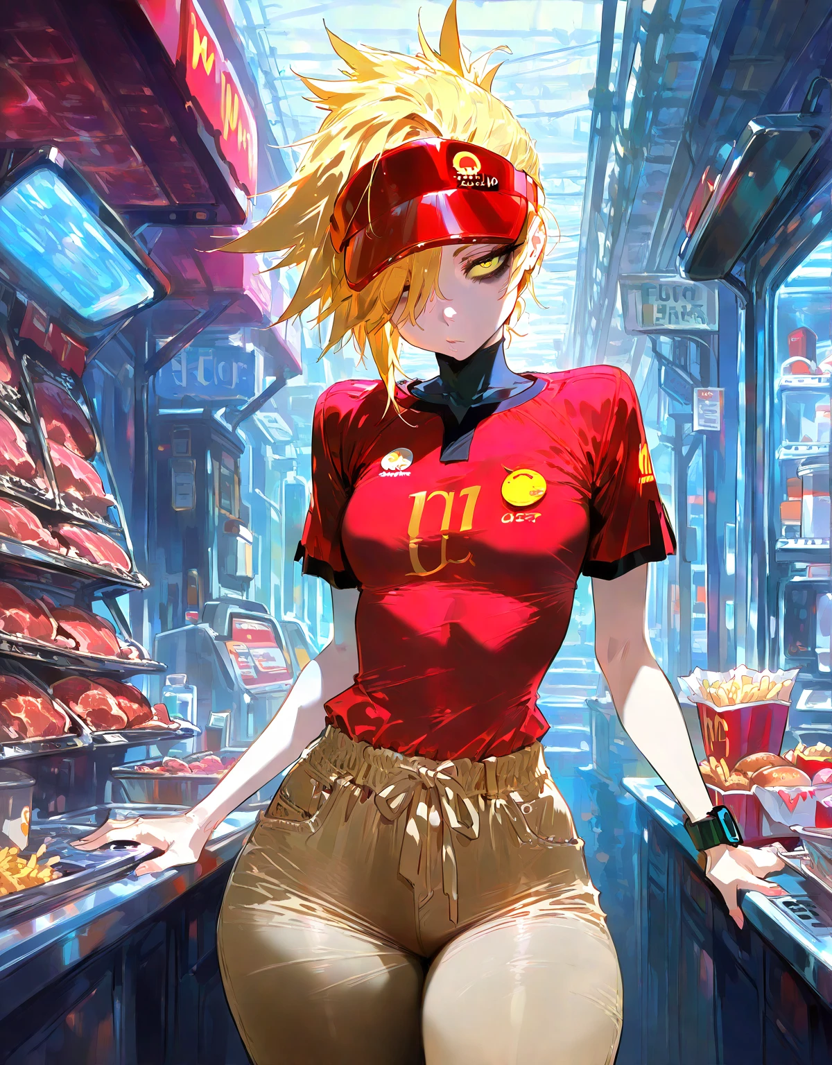Woman wearing a poncho, tight tank top and tight hot pants eating tacos, tortillas and nachos at a Mexican food stall highest quality There is a bottle of coke on the table