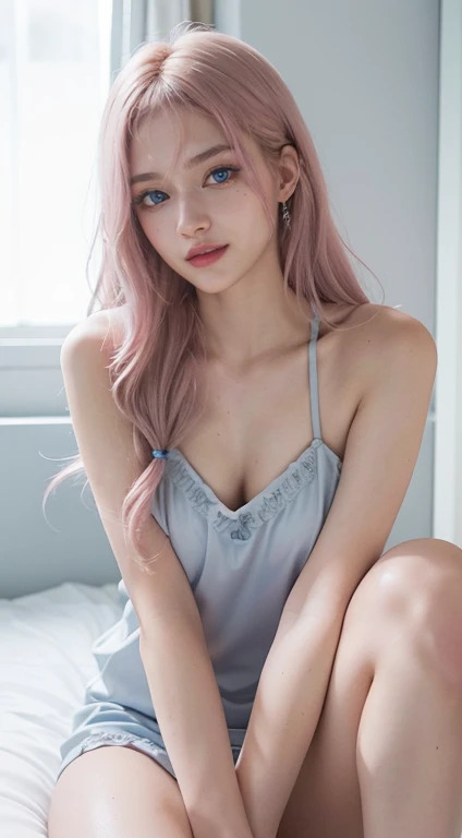 1girll,Sit on a comfortable sofa,Cross ed leg,Soft light，Pink hair, ahoge, bangs, Glowing eyes, aqua eyes, Light smile, Shy, Blush，Ultra-deep V，Superskirt，See-through installation