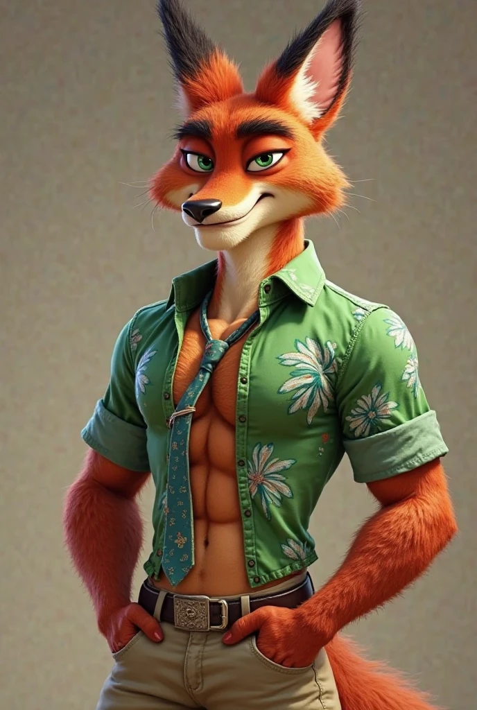 ((best quality)), ((masterpiece)), (detailed), perfect face, Nick wilde with abs wearing a crop top green Hawaiian shirt with indigo tie and khaki pants with a bare midriff and a bare navel 
