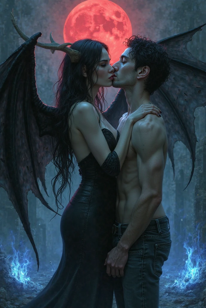 (raw photo, best quality) , (Realistic, photo-realistic: 1.4), extremely formidable overall plan, masterpiece, ultra detailed, high resolution, best illustration, best shadow, complex, depth of field, 1 woman, femme fatale, succube, she is very beautiful and sexy, she has white skin, she has long black hair, red eyes with split pupils, she has a nasty smile (sadistic smile), she has horns on her forehead, she has two large bat wings, she has a succubus tail, she wears a very light outfit, she holds a bloody sword in her hand. Next to her there are,
1 man, young man with red hair ((redhead)) ((red hair)), he has pale white skin. his eyes are red and black without any trace of white (bright red pupils and black iris) ((crazy and scary eyes)), he has a sadistic smile ((cruel and sadistic smile)) and a terrifying look, he is athletic, his body and arms are covered with tattoos of criminals (tattoos), he is wearing a red sleeveless coat ((manteau rouge sans manches)) and black trousers and black boots, he holds in each hand the handle of a sharp blade, he holds two in each hand, both blades are identical (Short-bladed swords) ((Blade realistic), to which are attached to their pomo a large chain (metal chain), the two blades are attached to a chain, it can control its chains as he wishes, he uses a telekinesis power on his chains to be able to throw them and change their trajectory as he wants, there is blood on his blades and on his hands (blood), the man has no wings, Both characters kiss passionately on the mouth ((passionate kiss lover)) (lips against lips), around them there are several bloody corpses, and ruins destroyed,