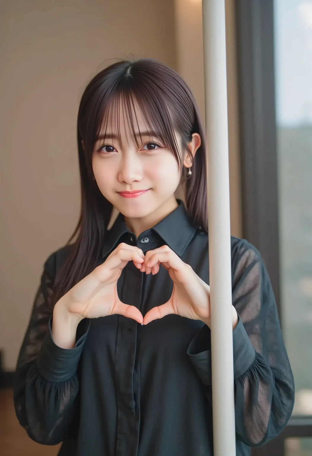 The image is a portrait of a young woman named sakutan with long black hair and bangs. She is standing in front of a beige curtain and is making a heart shape with her hands. The woman is wearing a black top with a ruffled hem and a black bracelet on her wrist. She looked at the camera with a slight smile on her lips.