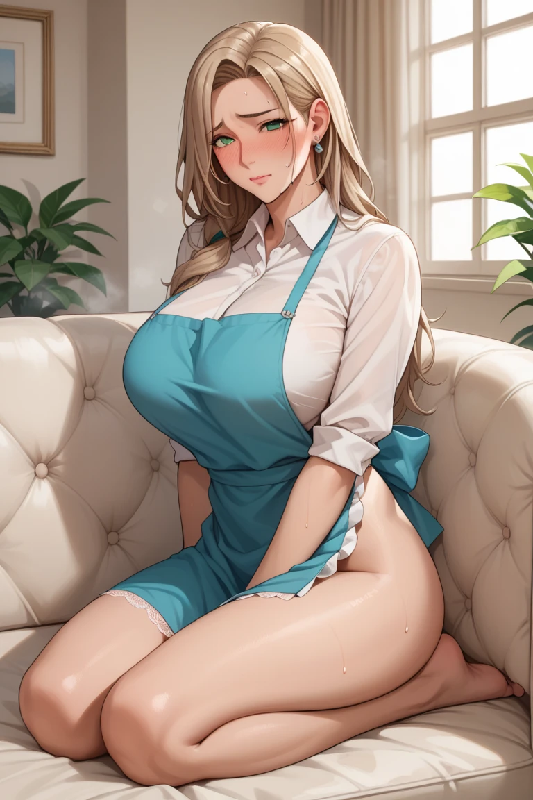 A woman, gold blonde long silky hair, big blue oceanic eyes, extremely super bright snow white fair stunning flawless glowing lush shiny white skin, and complexion, a perfect tight hourglass figure, wearing a short sexy loose revealing white floral dress with red flower patterns along with a red sash around the waist and a light brown off-shoulder cardigan, yellow heels, standing straight, show full body from head to feet.