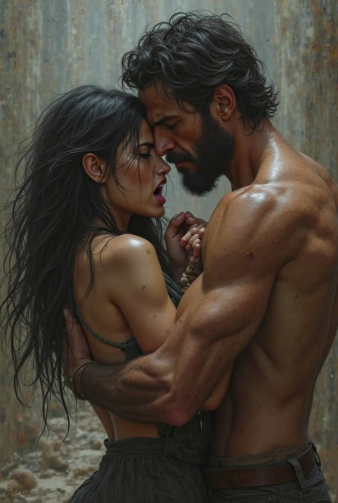 Big hairy muscular bearded Puerto Rican man, in white underwear, very hairy, a lot of fur, kissing a beautiful woman.