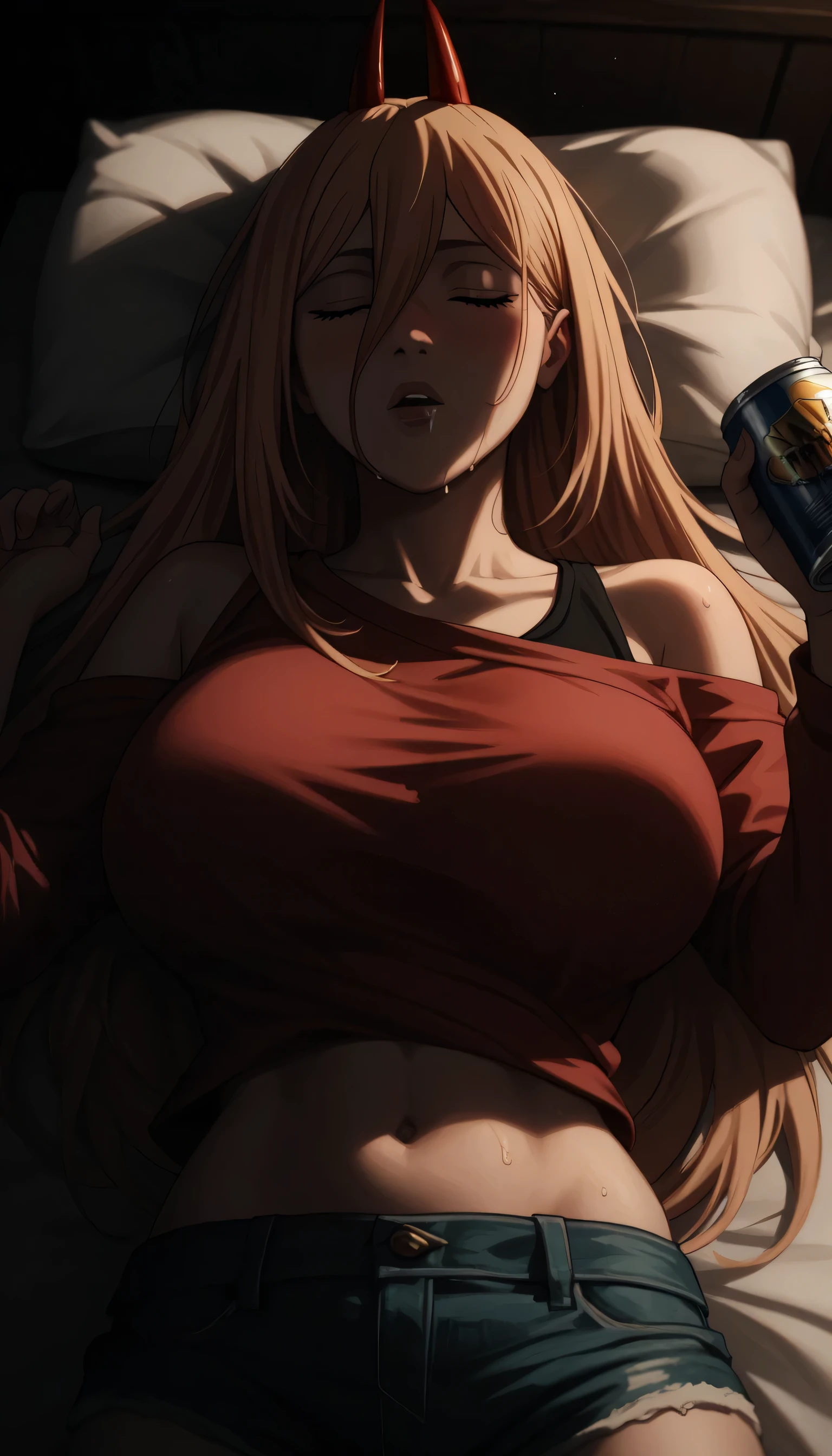 1girl, breasts, solo, long_hair, sleeping, closed_eyes, , lying, , on_back,huge_breasts, sweat, pillow, parted_lips, bare_shoulders, blush, upper_body, Give your images flat even illumination (negative) or dramatic chiaroscuro lighting (positive),saliva ,a can of beer, holding a can of beer,P0w3eeerXL_Pony_v1:1> 1girl, p0w3r0x1, long hair, blonde hair, red horns, demon pupils, red sweatshirt,denim shorts
