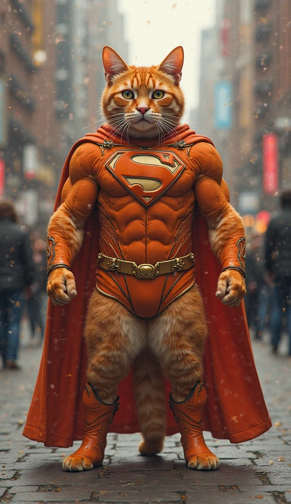 A burly red cat in the shape of Superman