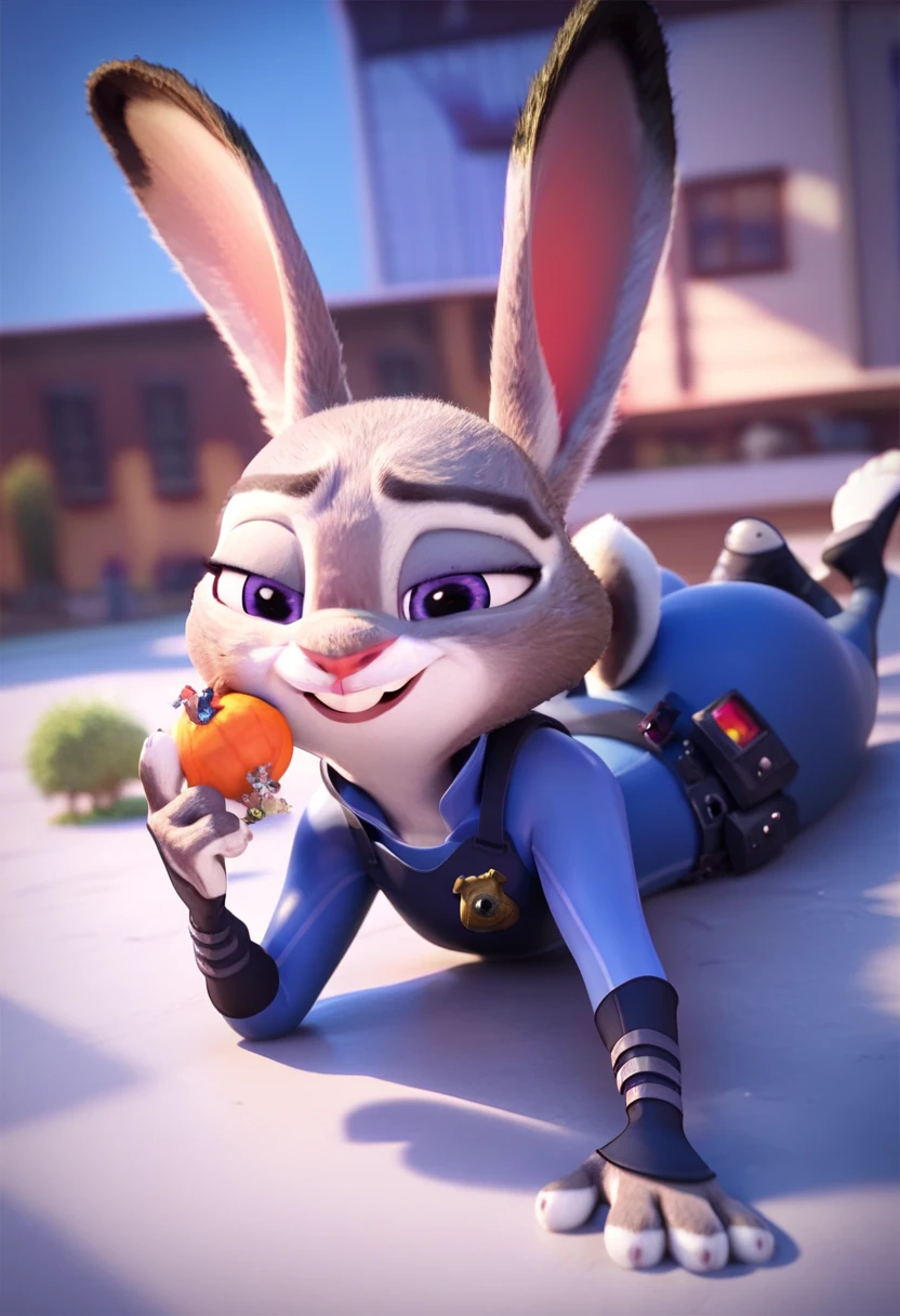 score_9, score_8_up, score_7_up, score_6_up, cinematic,natural skin texture, hyperrealism, professional photography, Depth of field, bokeh, photorealistic,realistic, BREAK female anthro rabbit,zootopia style,judyhopps, half-closed eyes, anthro in heat, detailed grey fur,judyhopps, tight sport leggings, crop top,covered perky nipples,thigh gap, (sucking a carrot:1.2), holding carrot, tongue out