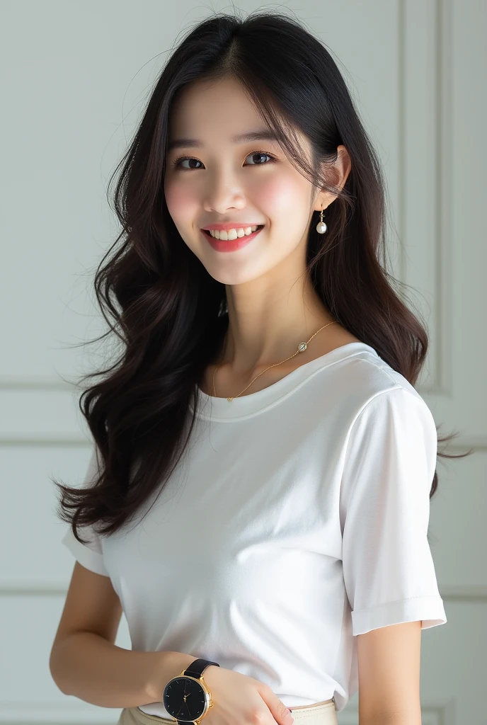 White tight shirt、White tight mini skirt、bed、smile、short sleeve、high resolution、Hallyu Idol Face