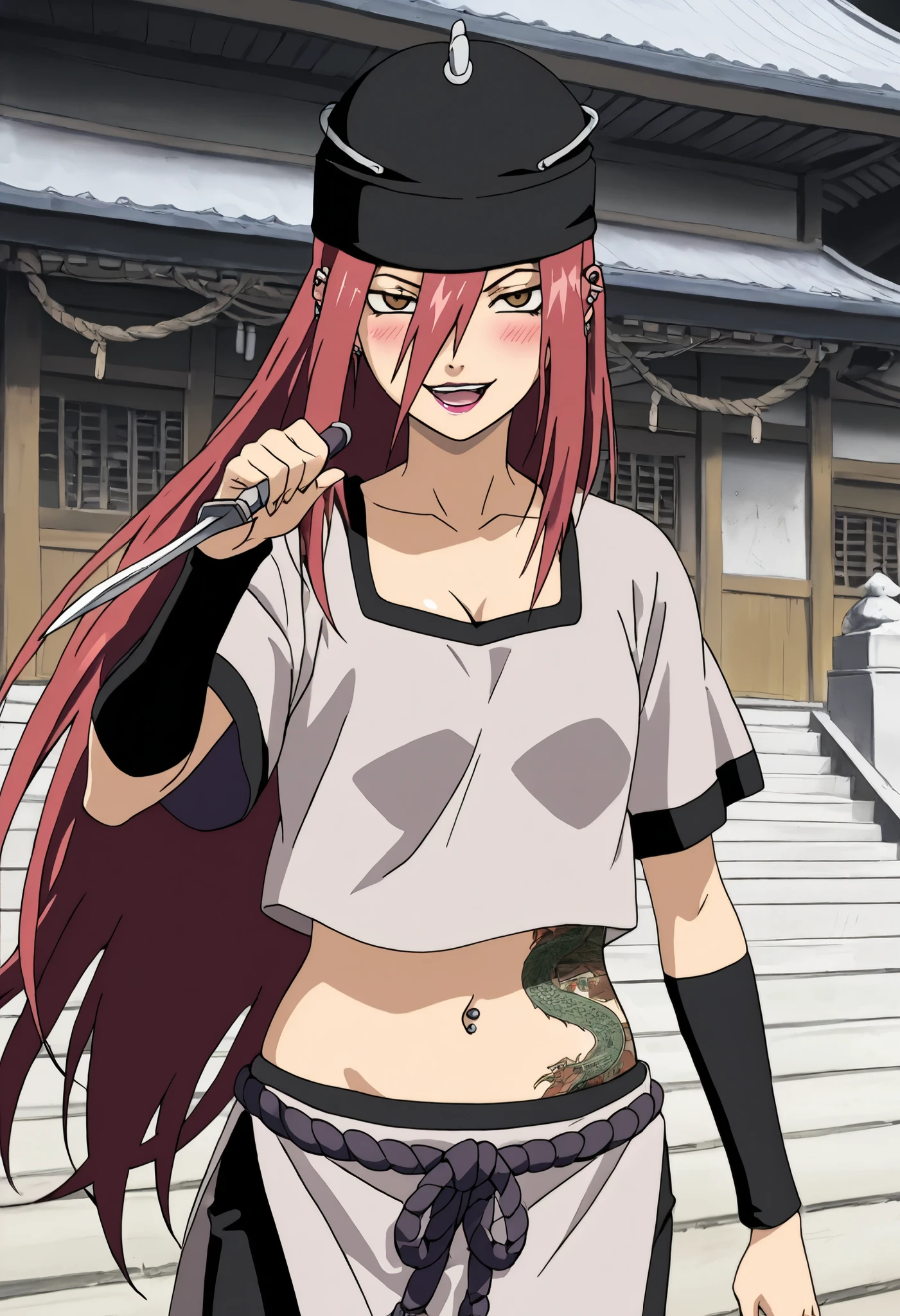 Tayuya,
High quality , best quality , masterpiece, High Resolution , detailed face( LoRA: Tayuya),anatomically correct, detailed hair Style( LoRA: Tayuya),anime Coloring
solo, 1 girl, red hair, long hair, brown eyes,
tunic, black arm warmers, black shorts, black hat, looking at viewer ,
smile,open mouth, ear piercing, long hair, blush, lipstick,Hot girl, baddie, smoking, sensual, attractive, midriff, , evil expression, exposed belly, exposed navel, exposed midriff, exposed lower belly, bellybutton , cleavage,,evil smile, midriff, , evil expression, exposed belly, exposed navel, exposed midriff, exposed lower belly, bellybutton ,standing, holding dagger , cleavage, navel piercing, japanese architecture, temple, ,dragon tattoo, narrowed eyes, tattoo midriff,