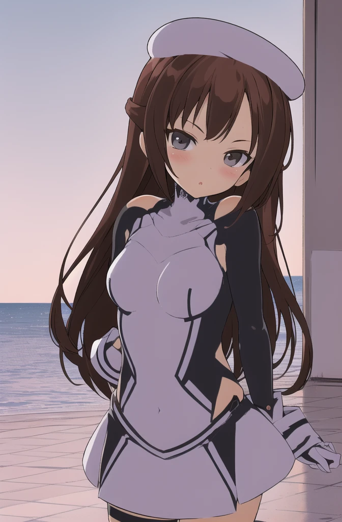 ((16k, highest quality, master piece: 1.2, super detailed, super high resolution, super detailed)), 1 girl, Glass Wonder \(umamusume\), Chestnut Hair, Long Hair, straight hair, Blue ribbon earrings, red line, one girl, animal ears, horse tail, Blue Eyes, fashionable, elegance, charming, seductive, stunning, charming cleavage, lovely, charming, cute, beautiful detailed face, beautiful detailed eyes, soft expression, slim Beautiful figure, curvaceous, Small breasts, slender arms, graceful hands, delicate fingers, slim wrists, elegant neck, bare shoulders, smooth skin, Seaside, sandy beach, Outdoors, blue sky,(White one-piece swimsuit,Blue and red lines, drenched, Wet skin)), A little angry.