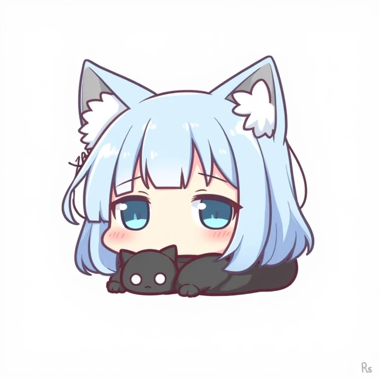 a cute chibi style adult male with wolf ears, white hair, has a wolf tail, wearing a loose cropped oversized black hoodie, wearing a pair of denim short shorts and fishnet stockings, thick thighs, wide hips, relaxing on mound of fluffy animal plushies, short, very slim, showing slender tummy, stretching out, heart on hoodie, squishy thighs, has glowing blue eyes, solo, alone, (SOLO), (ALONE)